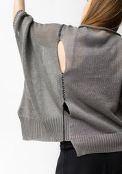 Gigi Grey Asymmetric Silk Detail Hand Embroidered Knit Linen Top