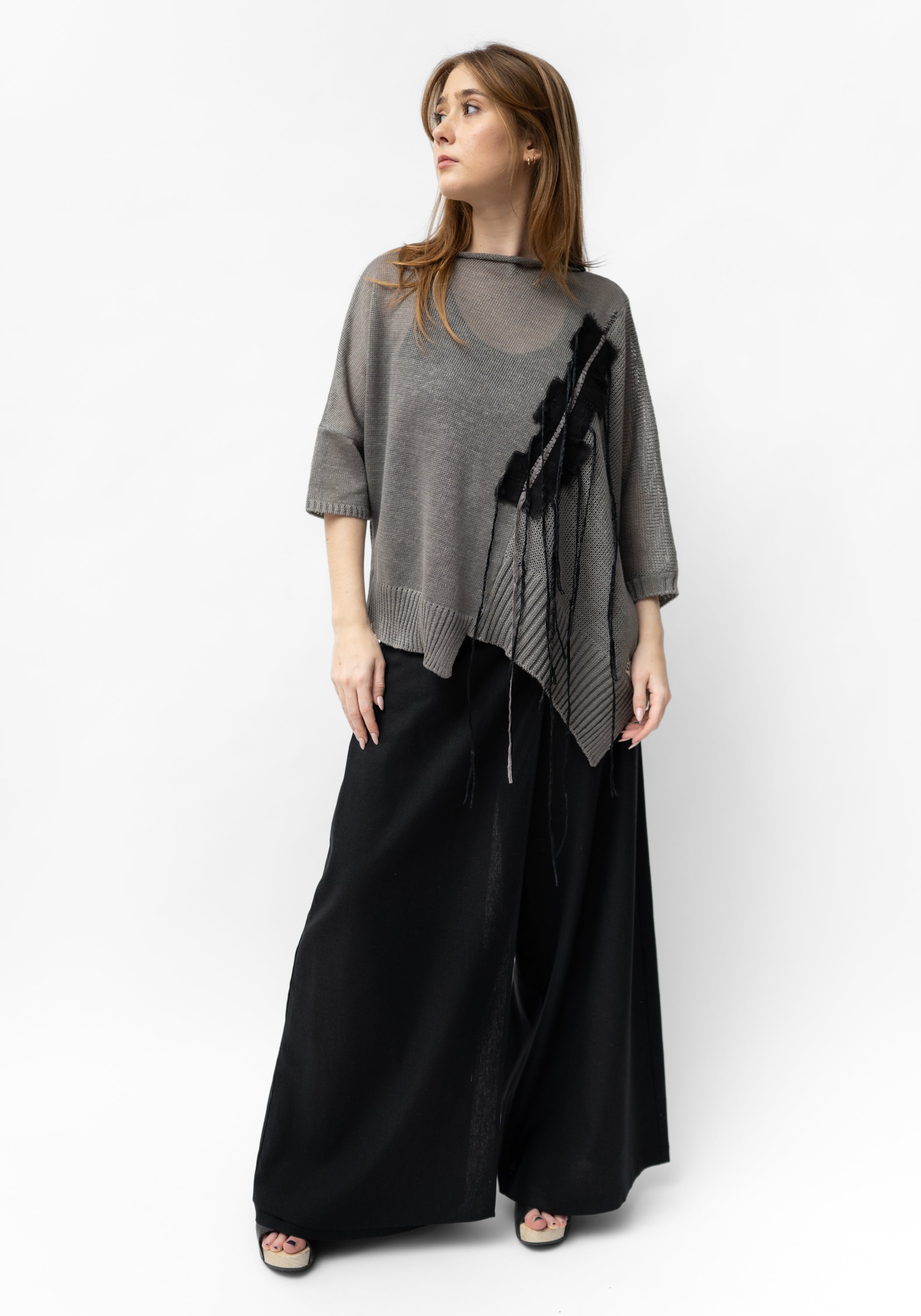 Gigi Grey Asymmetric Silk Detail Hand Embroidered Knit Linen Top