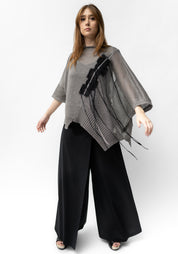 Gigi Grey Asymmetric Silk Detail Hand Embroidered Knit Linen Top