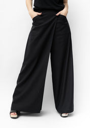 Black Linen Draped Front Wide Leg Empire Pants