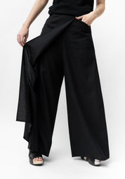 Black Linen Draped Front Wide Leg Empire Pants