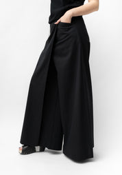 Black Linen Draped Front Wide Leg Empire Pants