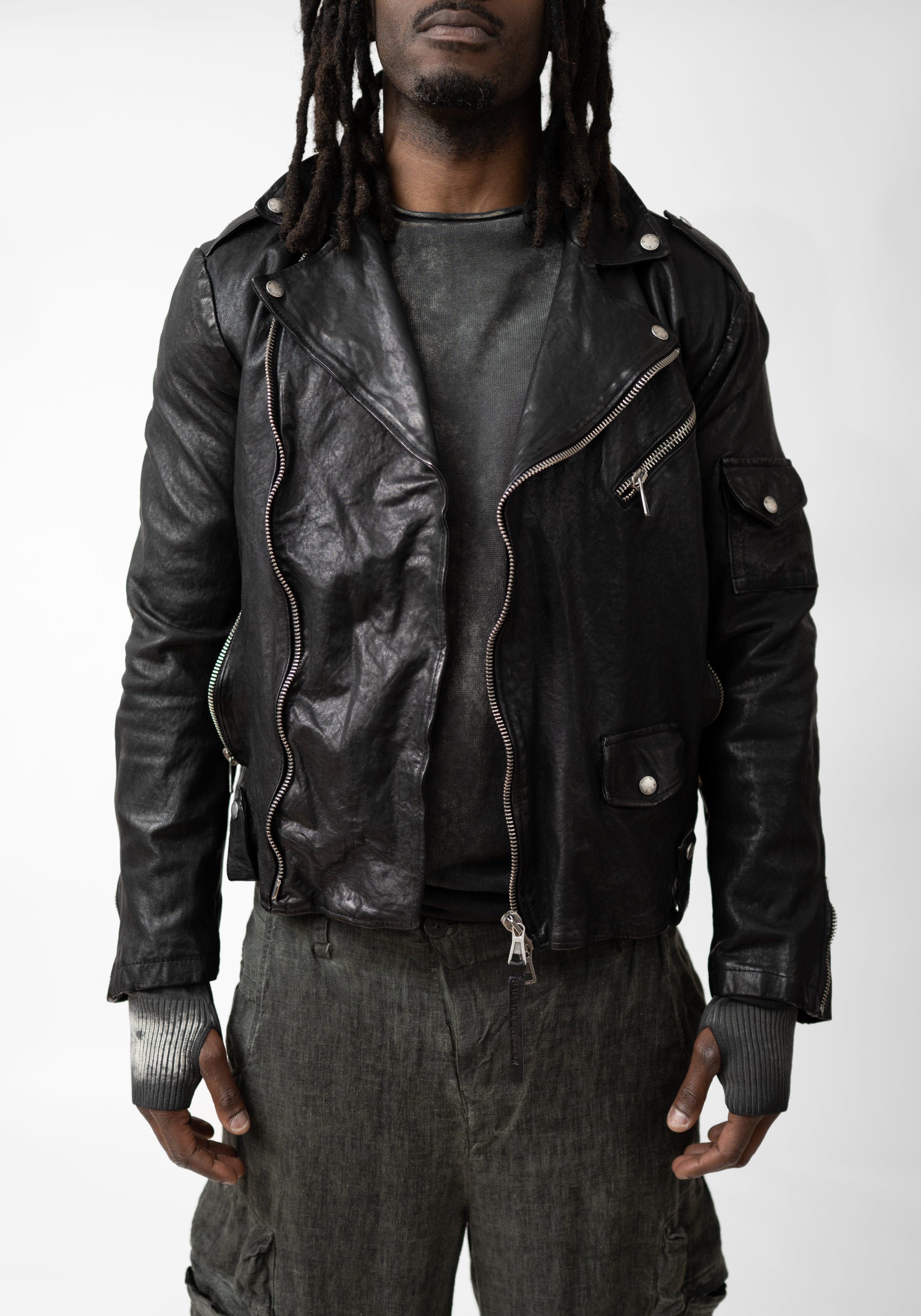 Washed Black Leather Biker Jacket - December Thieves