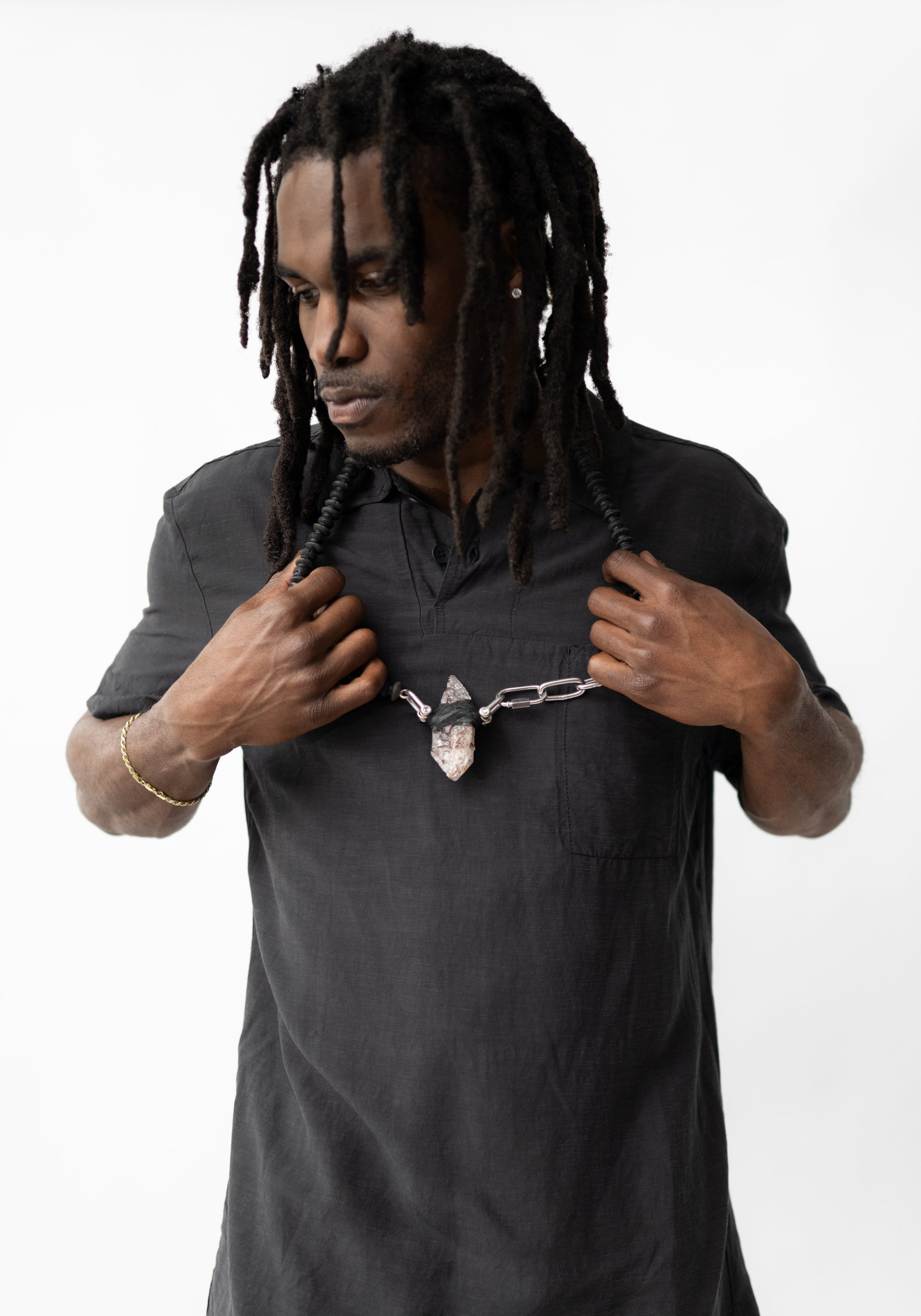 Leather Wrapped Crystal Basalt Bead Industrial Chain Necklace
