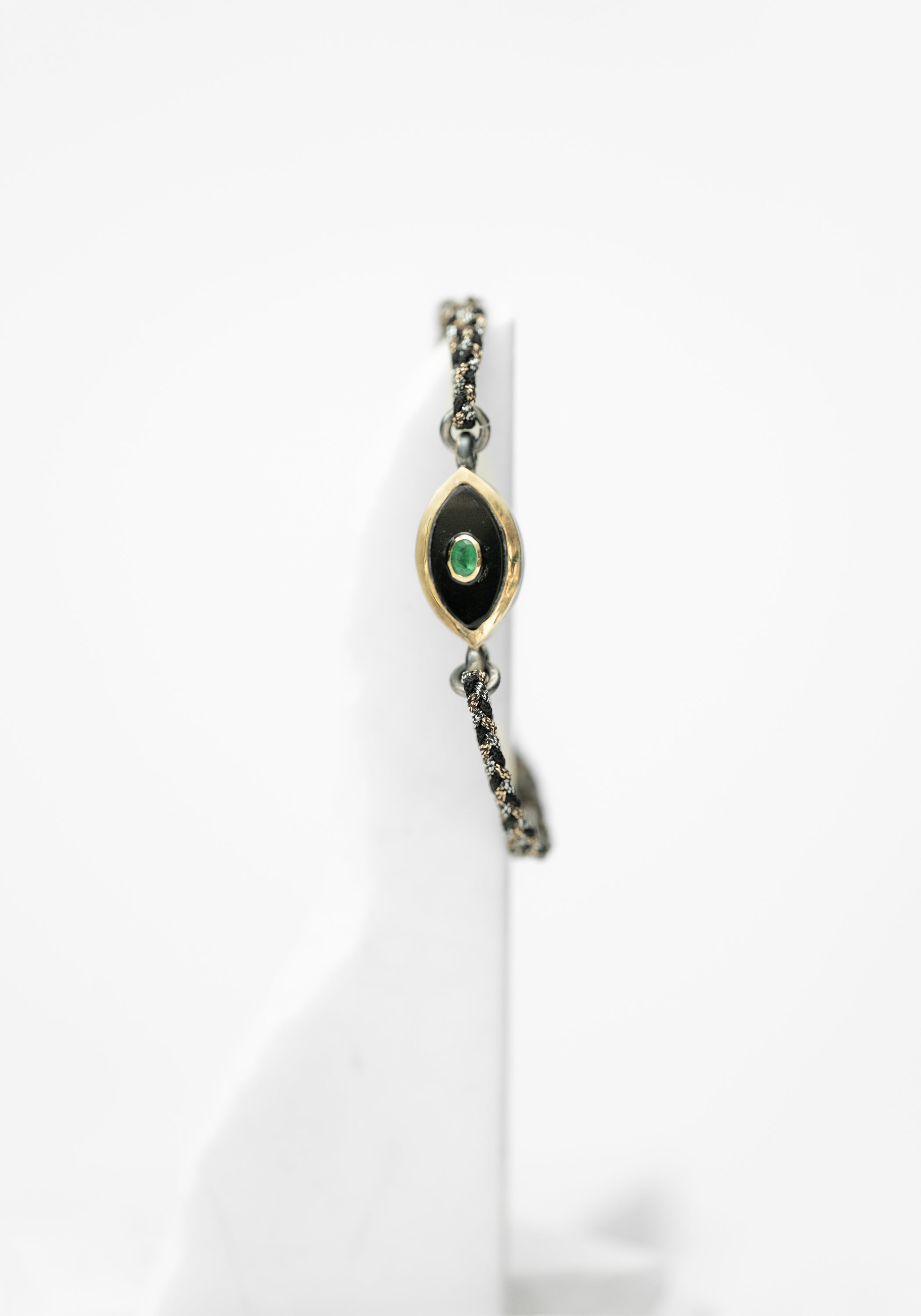 10K Gold, Sterling Silver, Black Onyx and Emerald Eye Bracelet