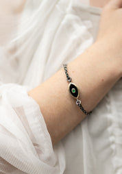 10K Gold, Sterling Silver, Black Onyx and Emerald Eye Bracelet