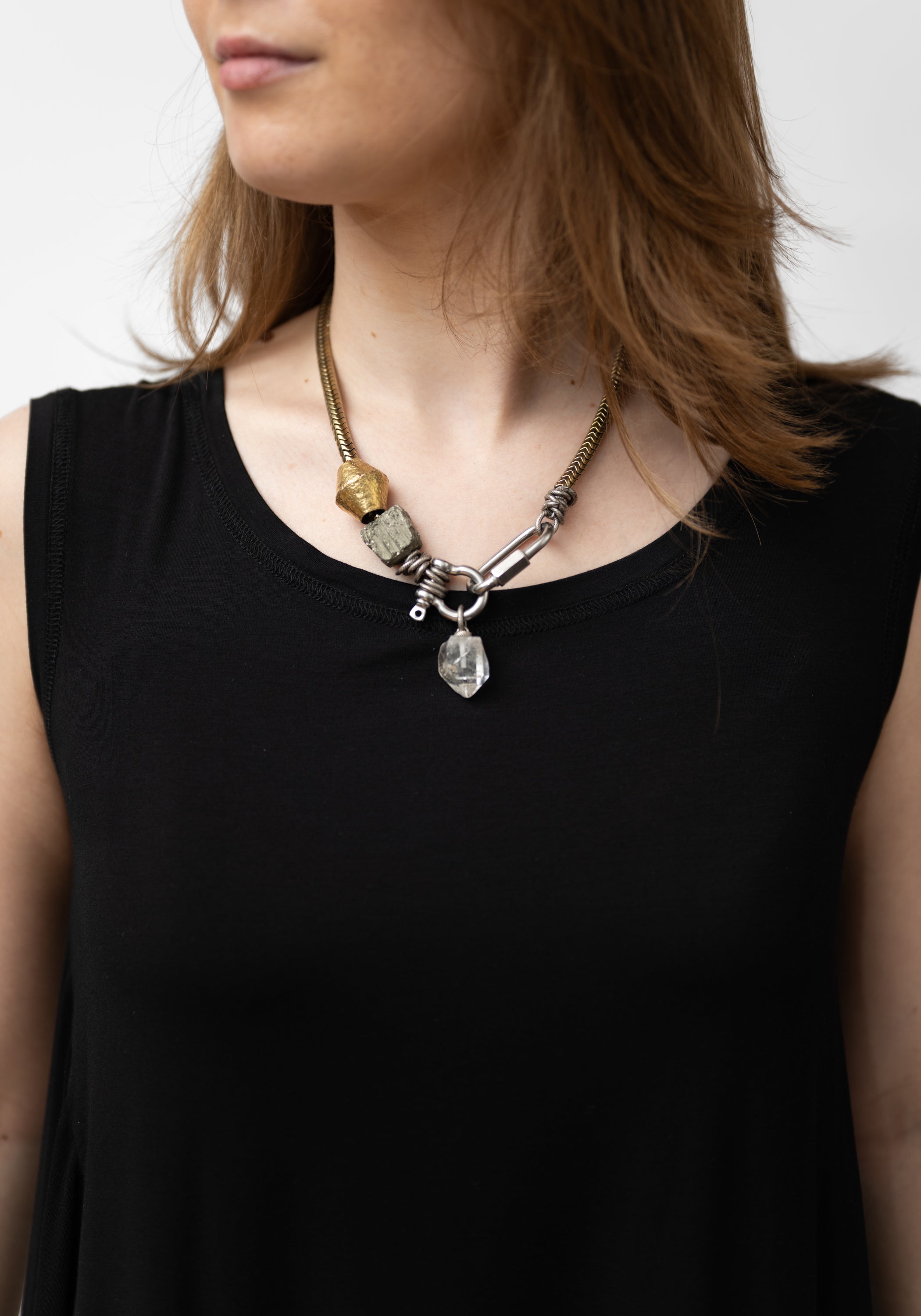 Herkimer, Pyrite and Hematite Snake Beads Necklace