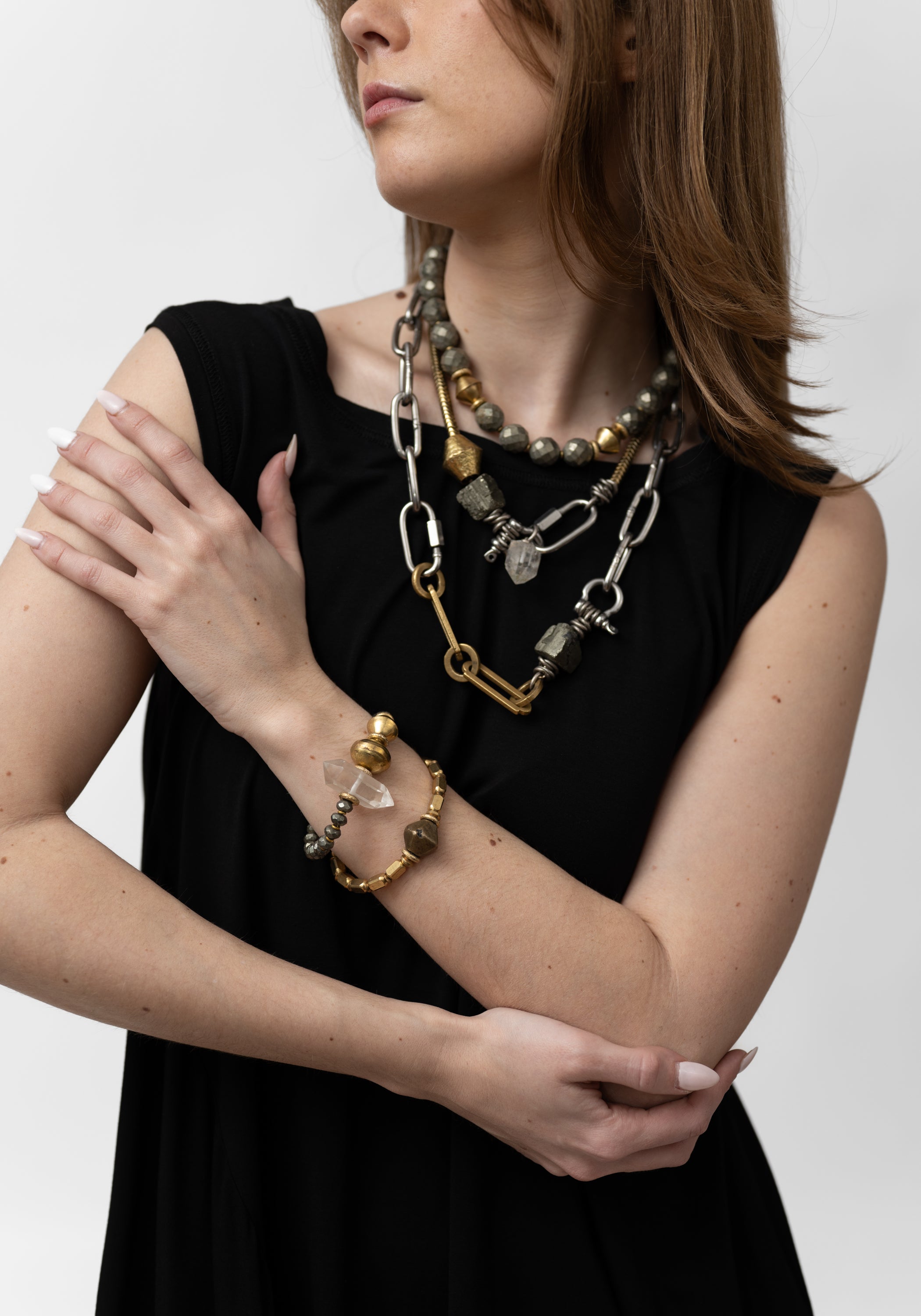 Herkimer, Pyrite and Hematite Snake Beads Necklace