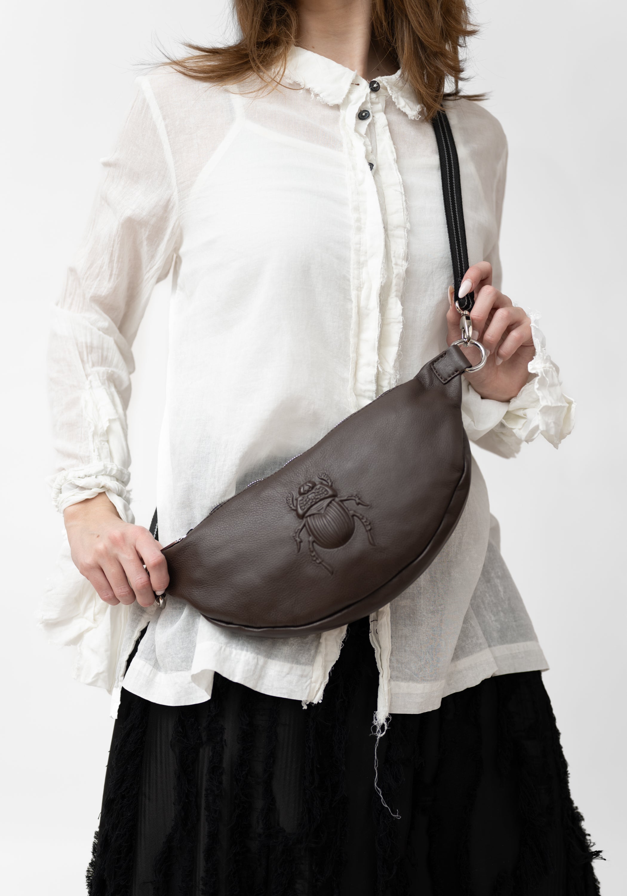Chocolate Leather Scarab Embossed Belt Bag - December Thieves