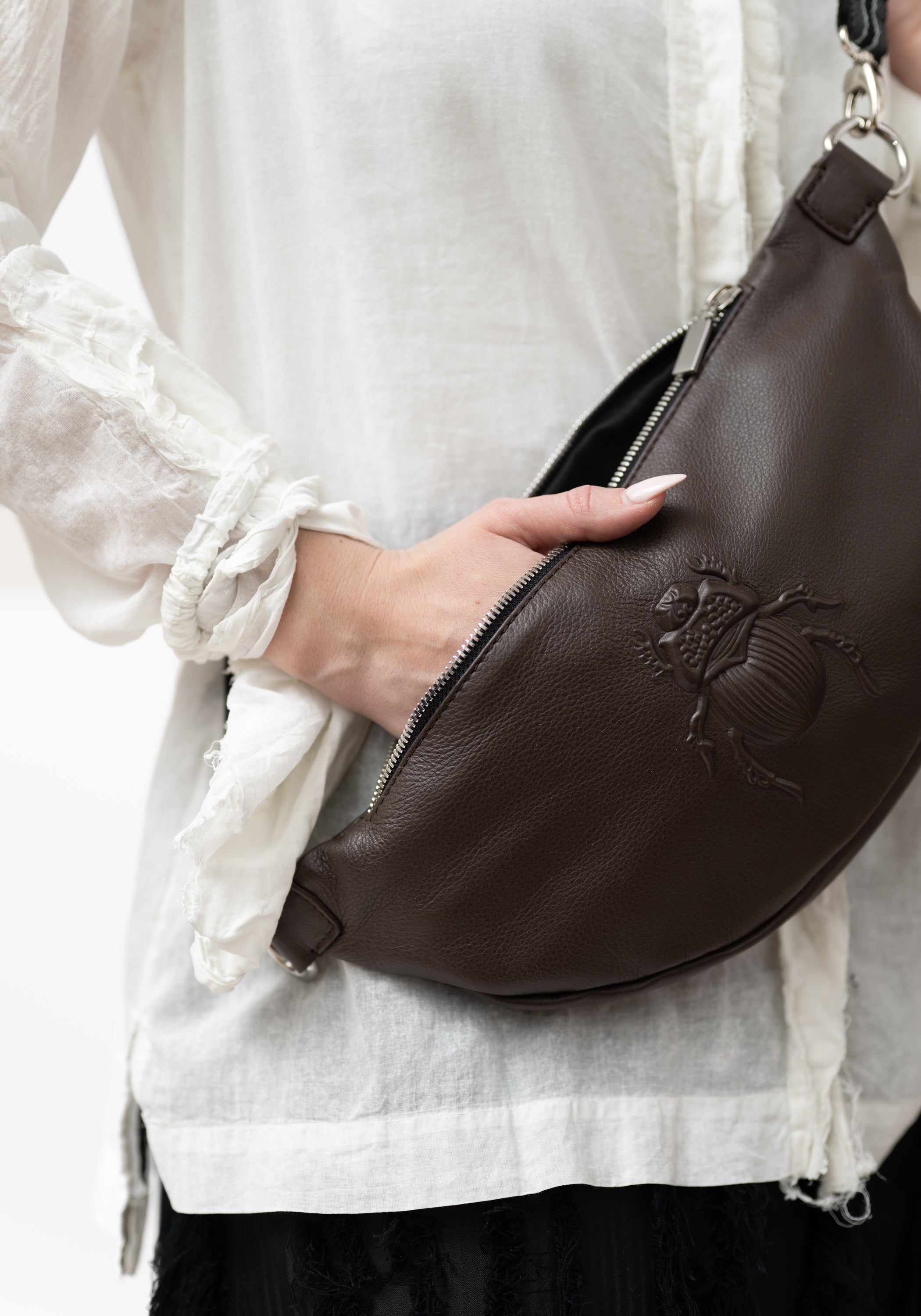 Chocolate Leather Scarab Embossed Belt Bag - December Thieves