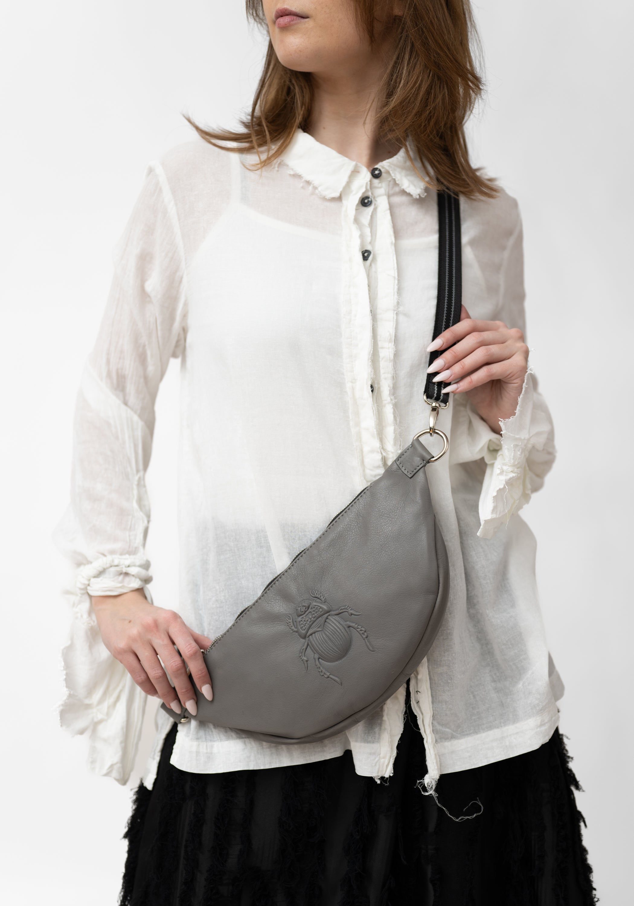 Steel Grey Leather Scarab Embossed Belt Bag - December Thieves