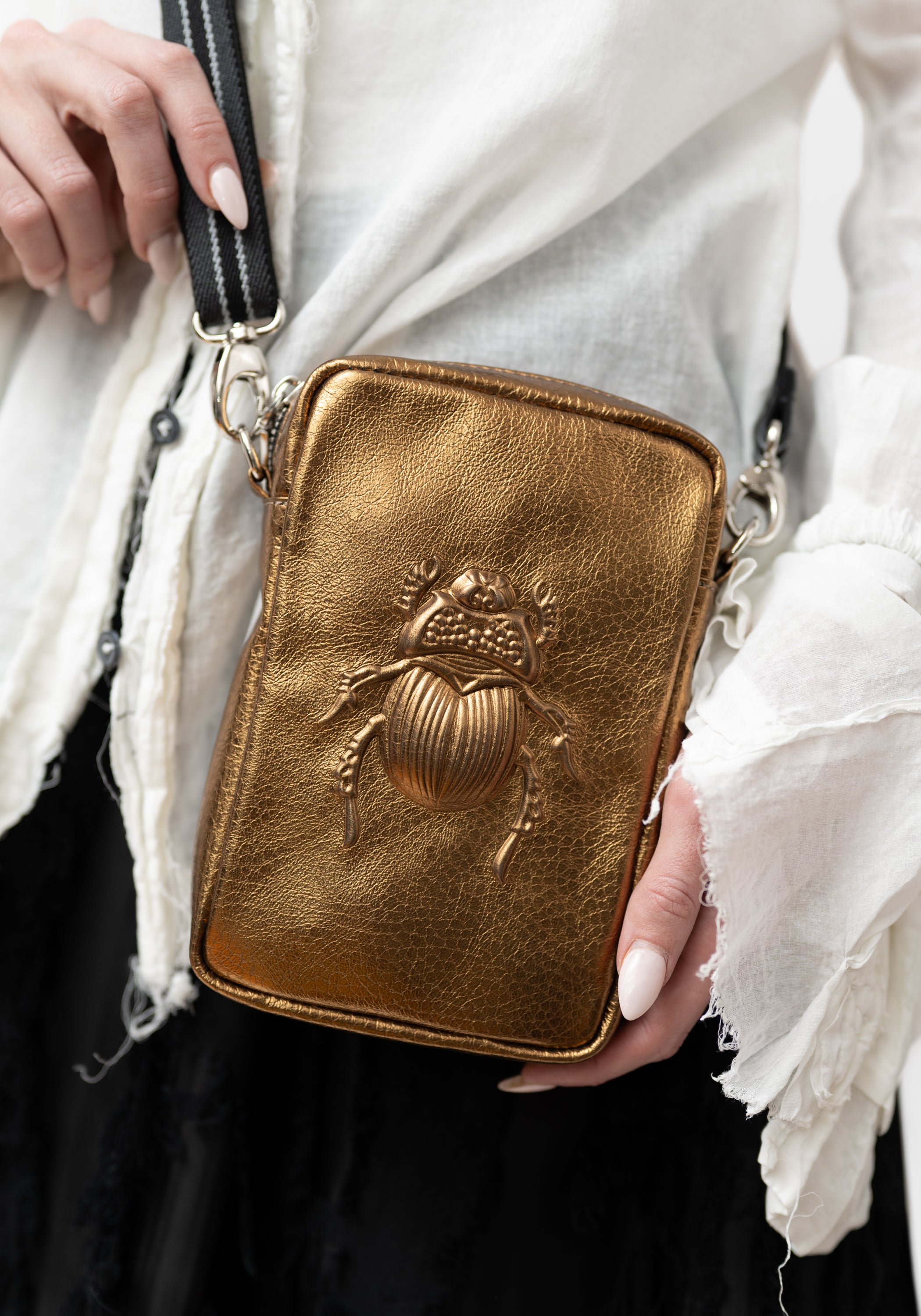 Bronze Leather Scarab Embossed Cross Body Bag - December Thieves