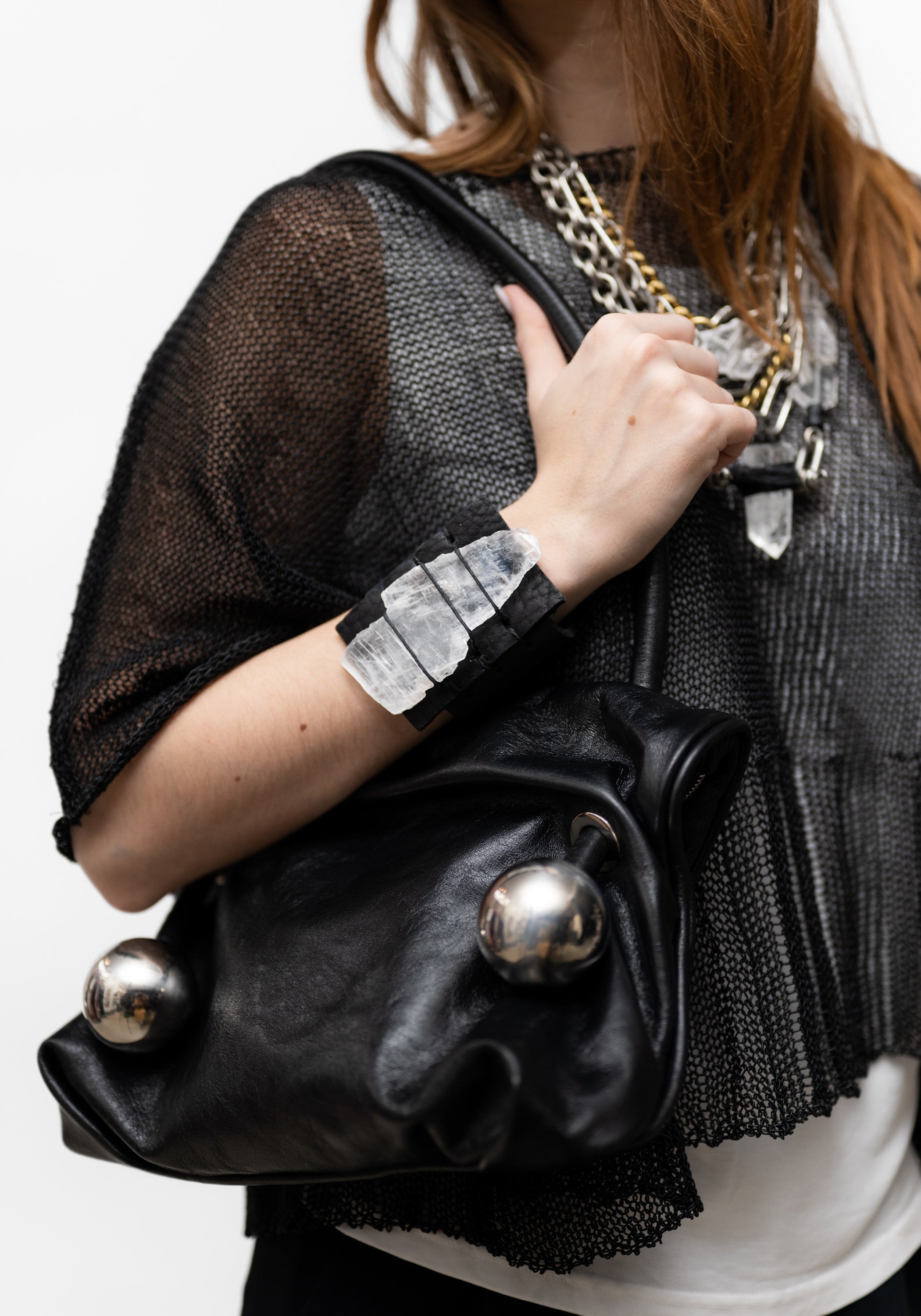 Leather Wrapped Quartz and Quartz Beads Chain Necklace
