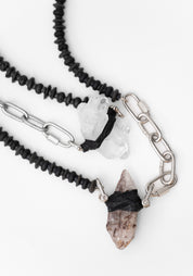 Leather Wrapped Crystal Basalt Bead Industrial Chain Necklace