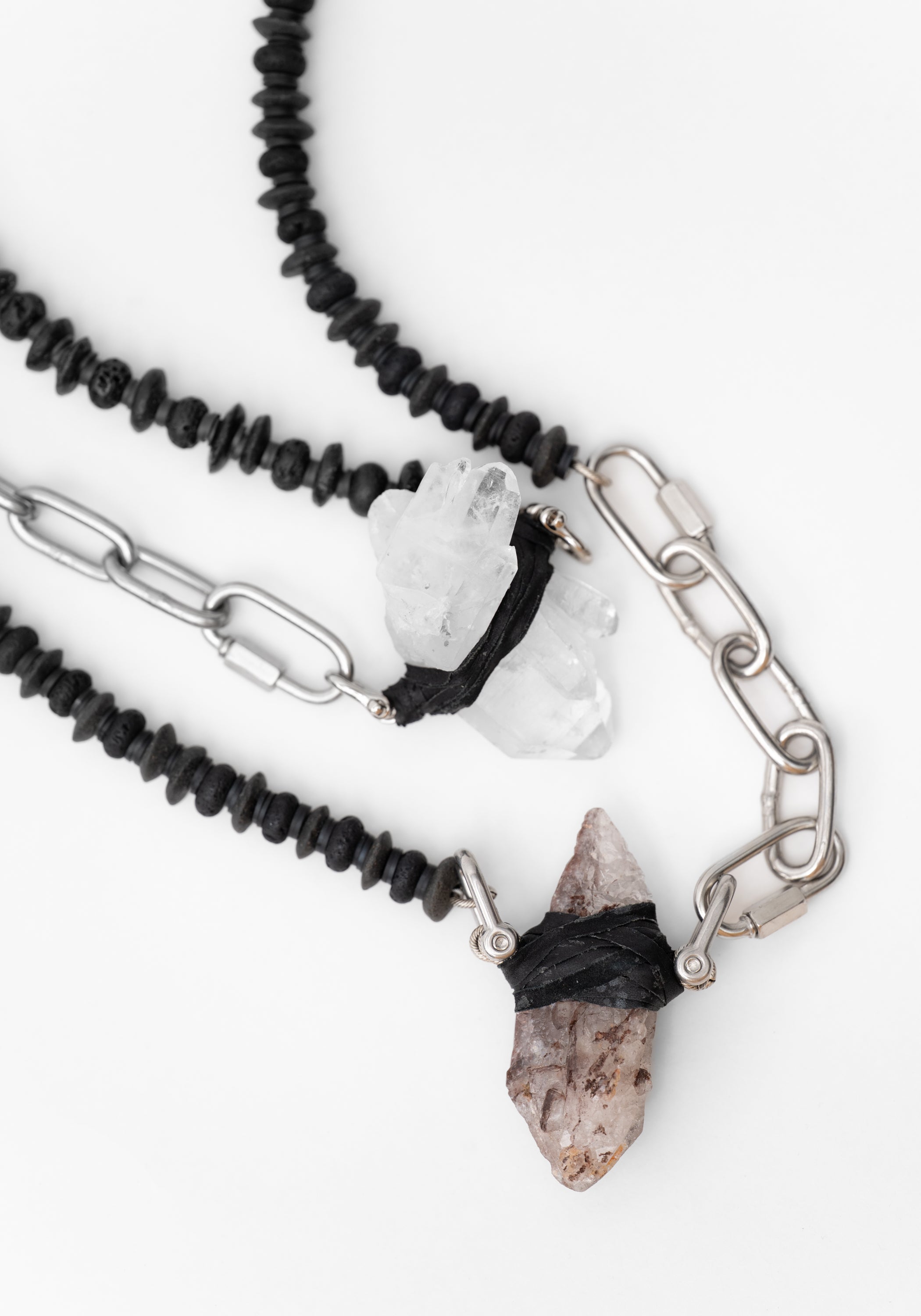 Leather Wrapped Crystal Basalt Bead Industrial Chain Necklace