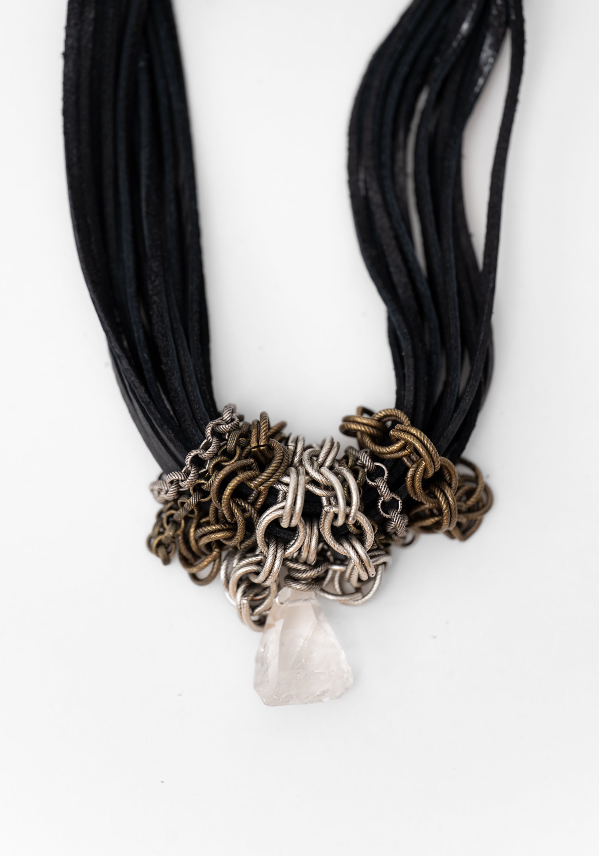 Mixed Chain and Crystal Leather Necklace