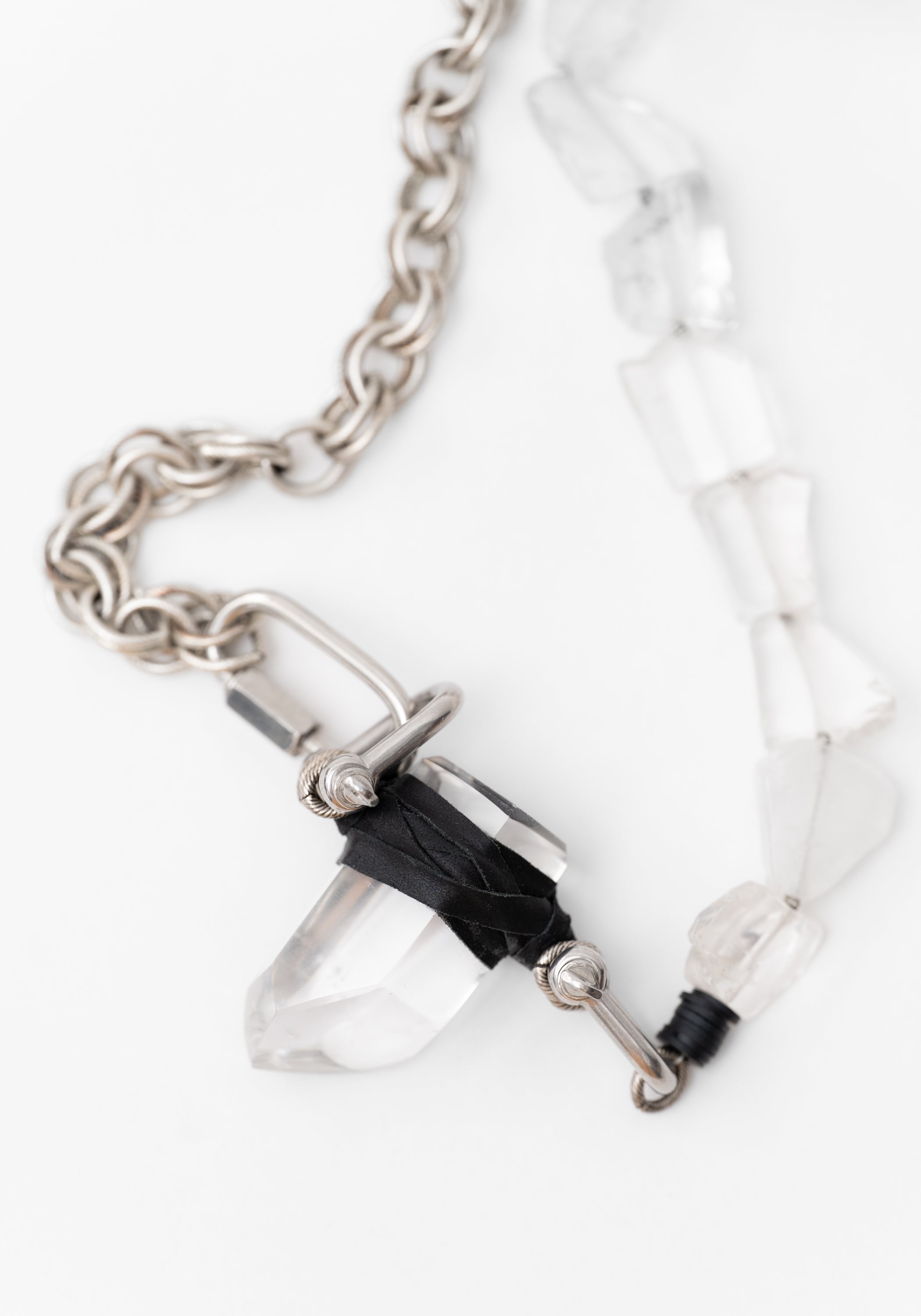 Leather Wrapped Quartz and Quartz Beads Chain Necklace