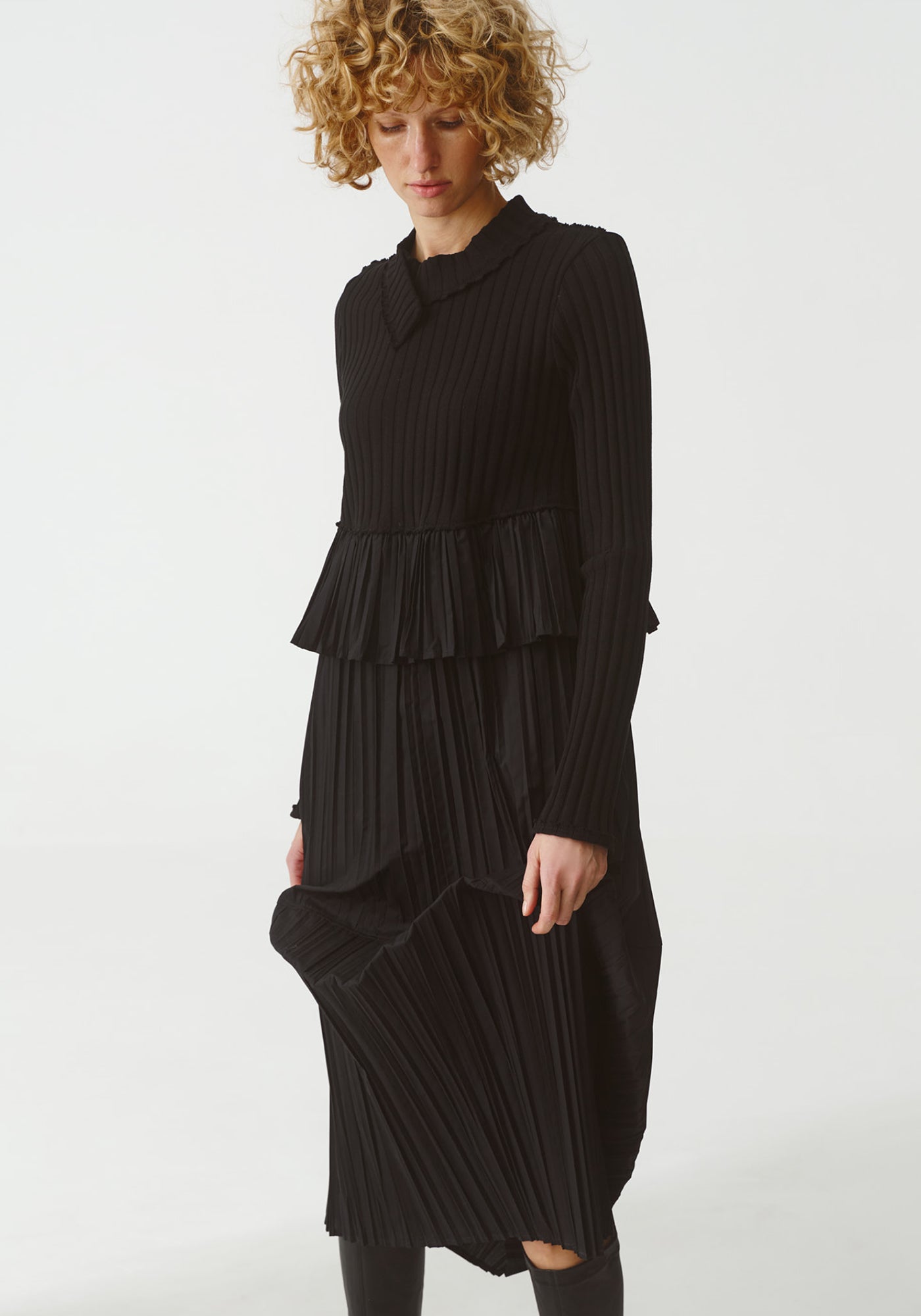 Long Sleeve Pleated Ruffle and Knit Dress