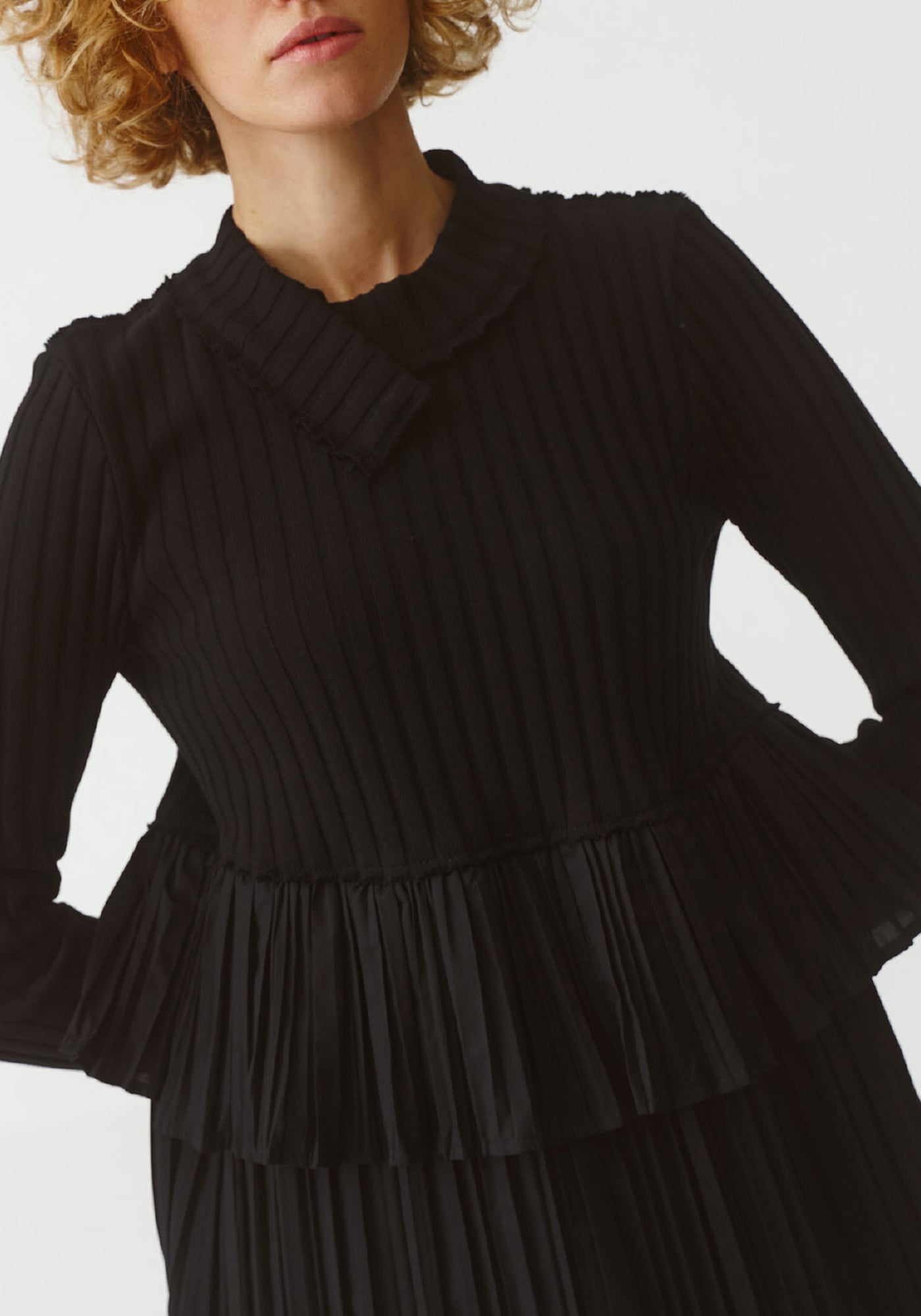 Long Sleeve Pleated Ruffle and Knit Dress