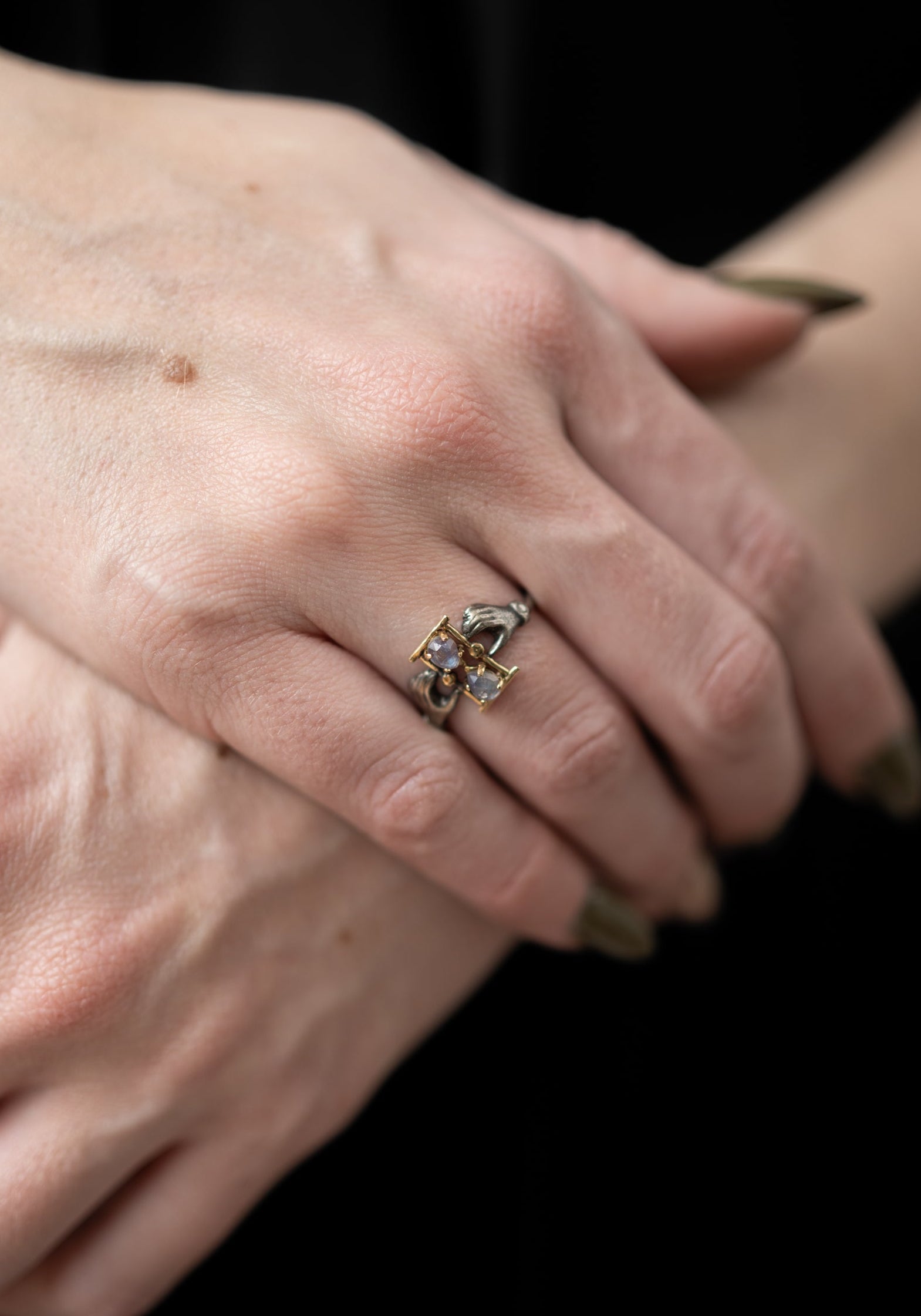 14k Gold, Oxidized Sterling, Diamond and Moonstone Holding Time Ring - December Thieves