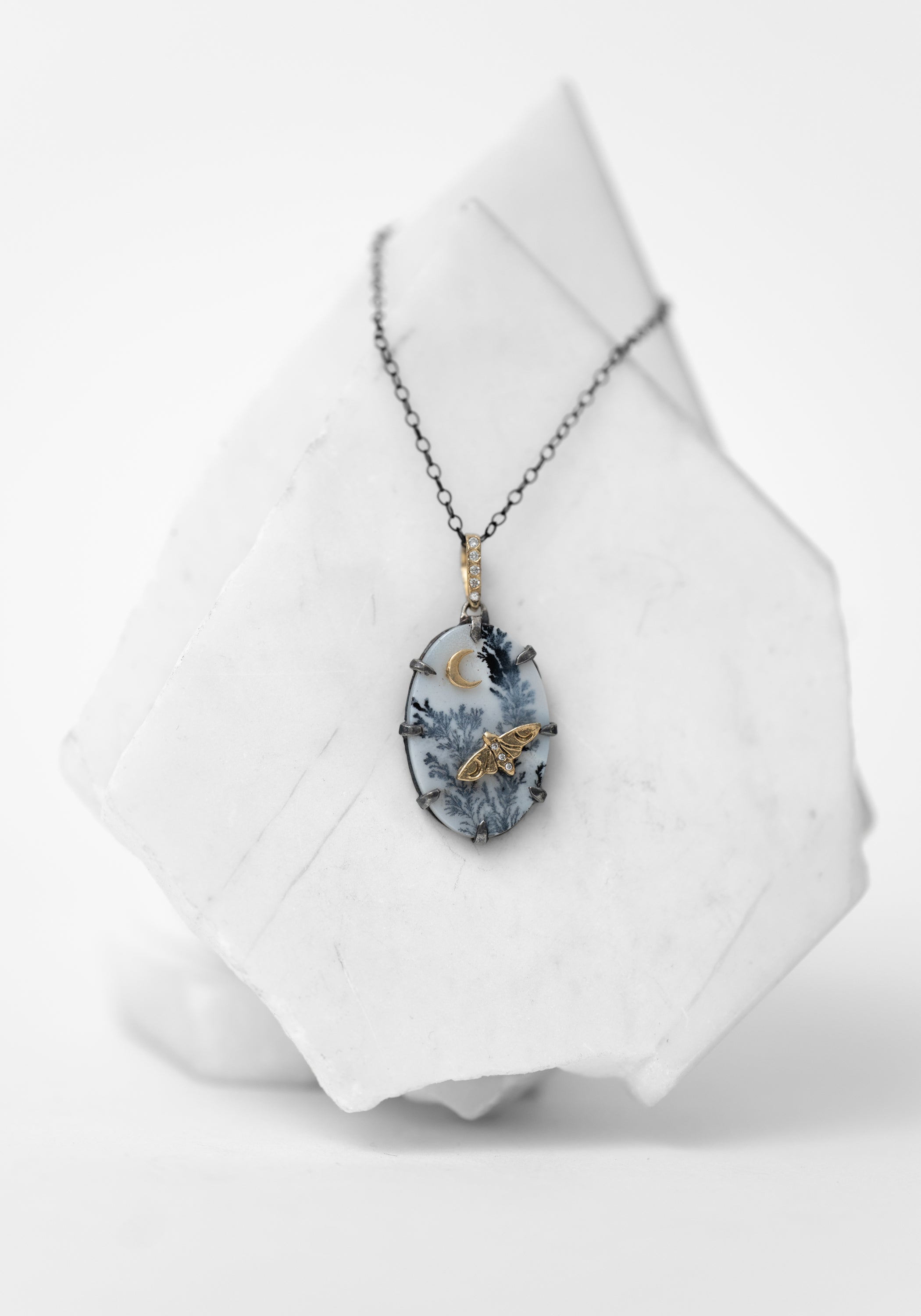 14k Gold, Sterling and Moss Agate Woodland Pendant Necklace - December Thieves
