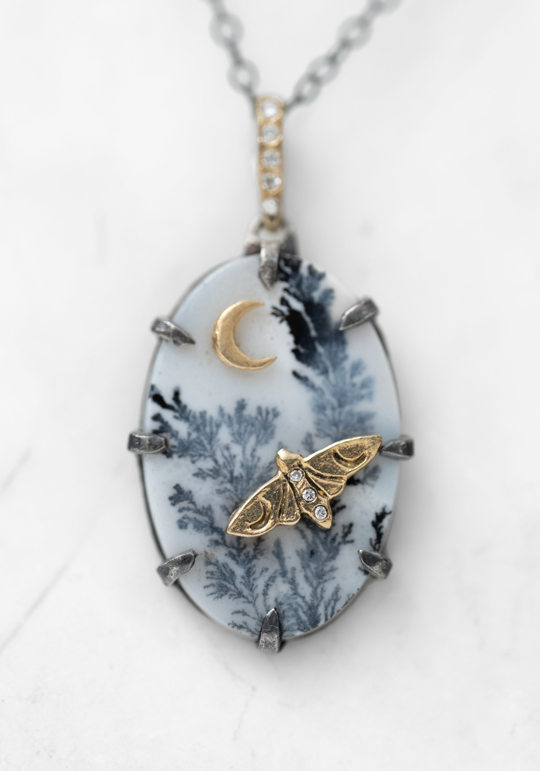 14k Gold, Sterling and Moss Agate Woodland Pendant Necklace - December Thieves