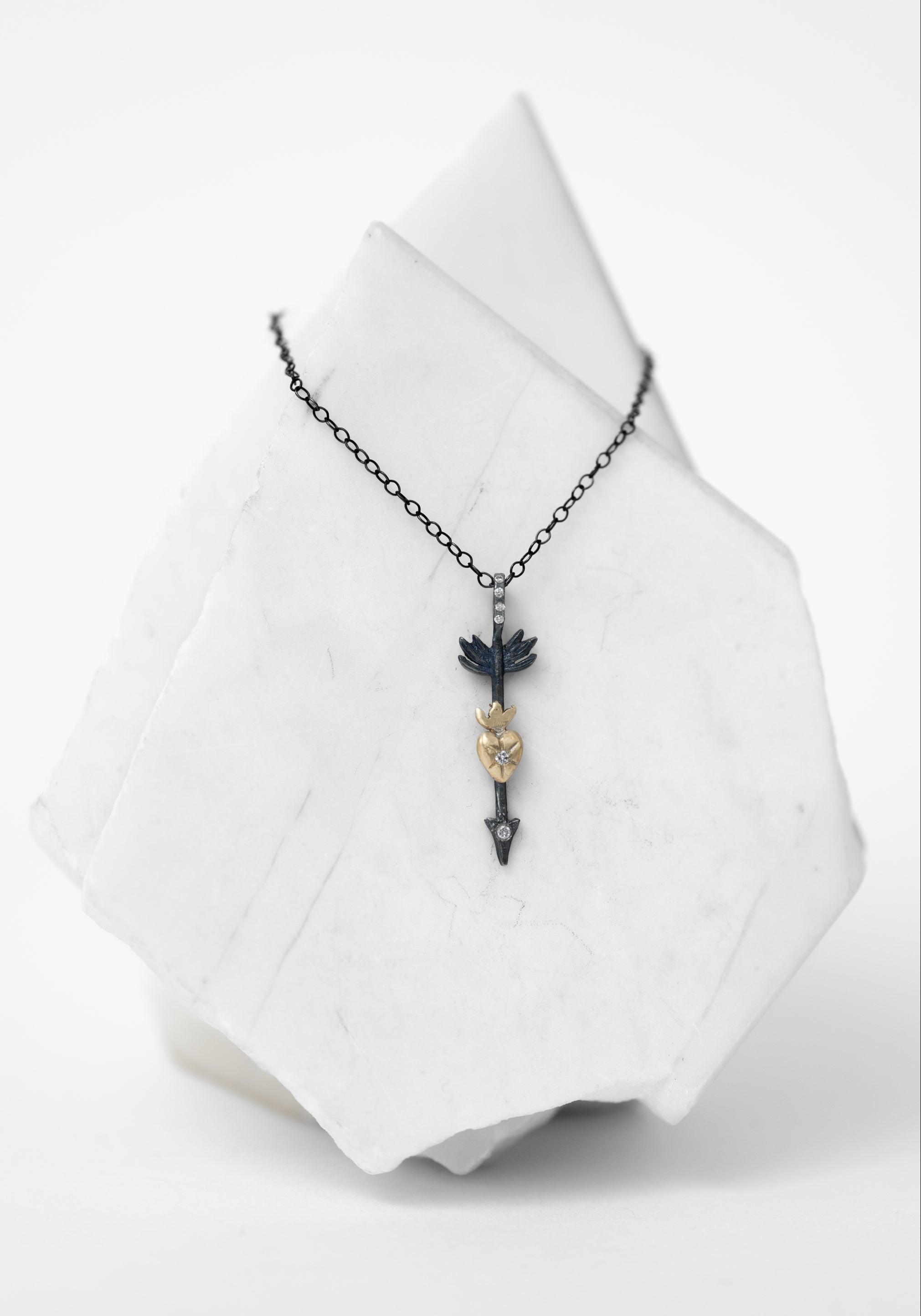 14k Gold, Oxidized Sterling and Diamond Love Struck Arrow Necklace - December Thieves