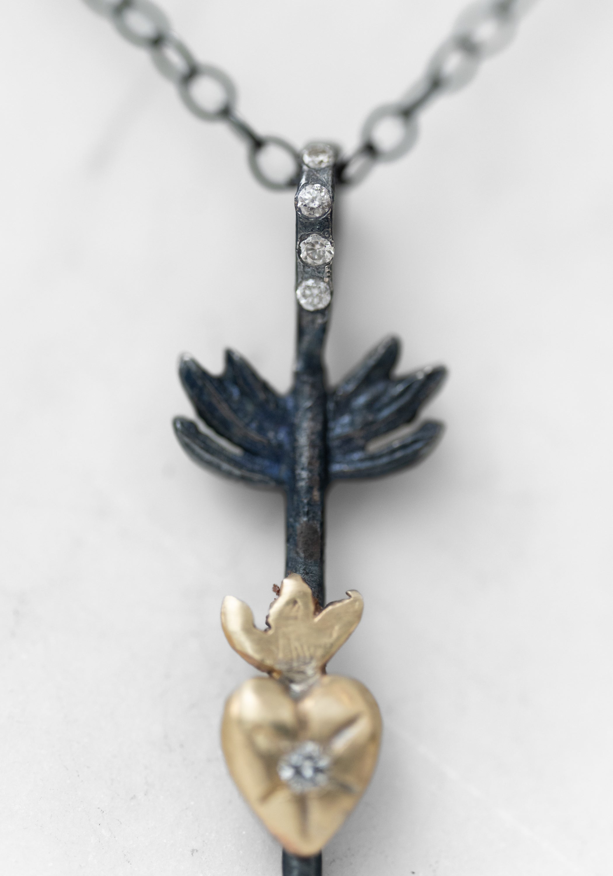 14k Gold, Oxidized Sterling and Diamond Love Struck Arrow Necklace - December Thieves