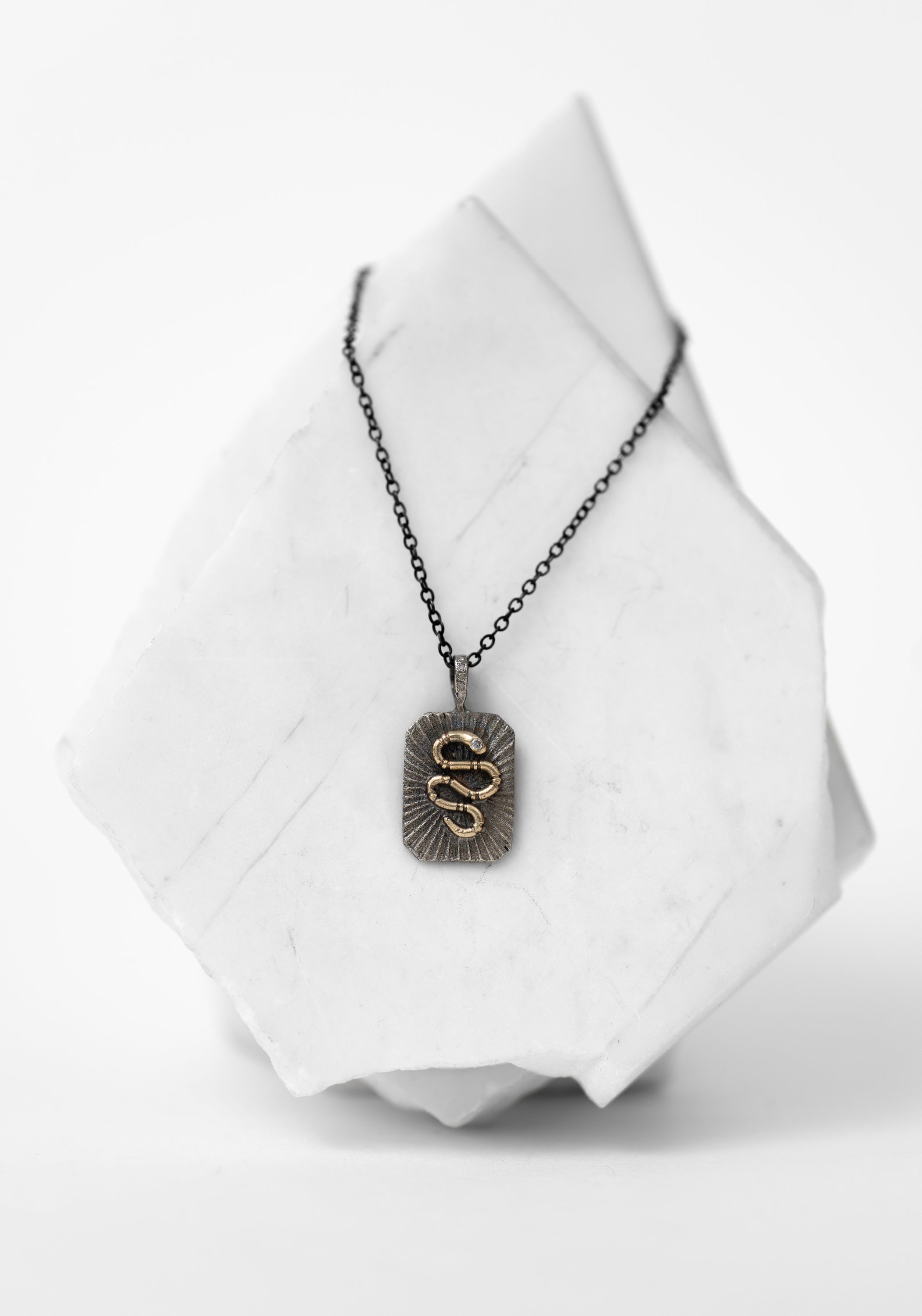 14k Gold, Oxidized Sterling Diamond Snake Tag Amulet Necklace - December Thieves