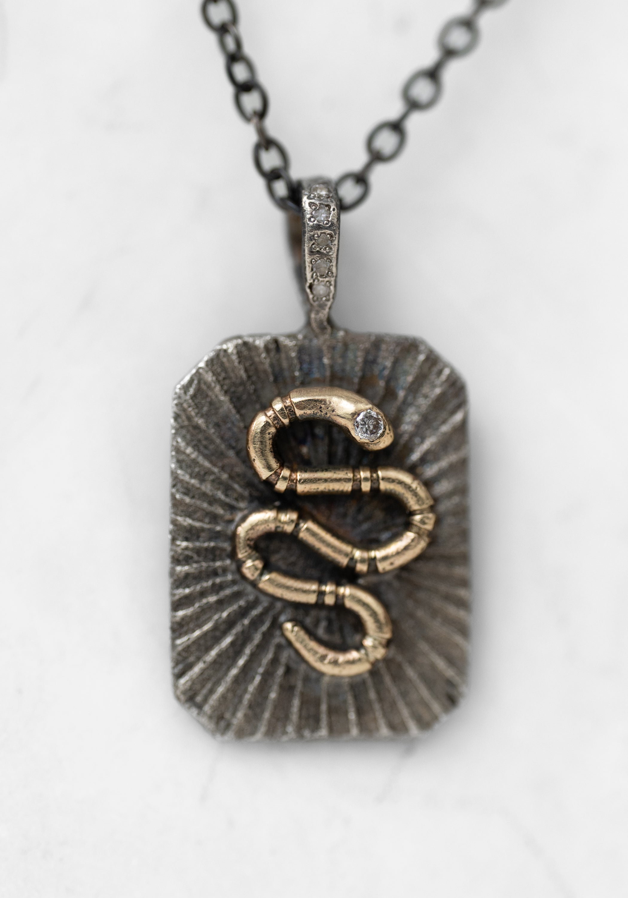 14k Gold, Oxidized Sterling Diamond Snake Tag Amulet Necklace - December Thieves