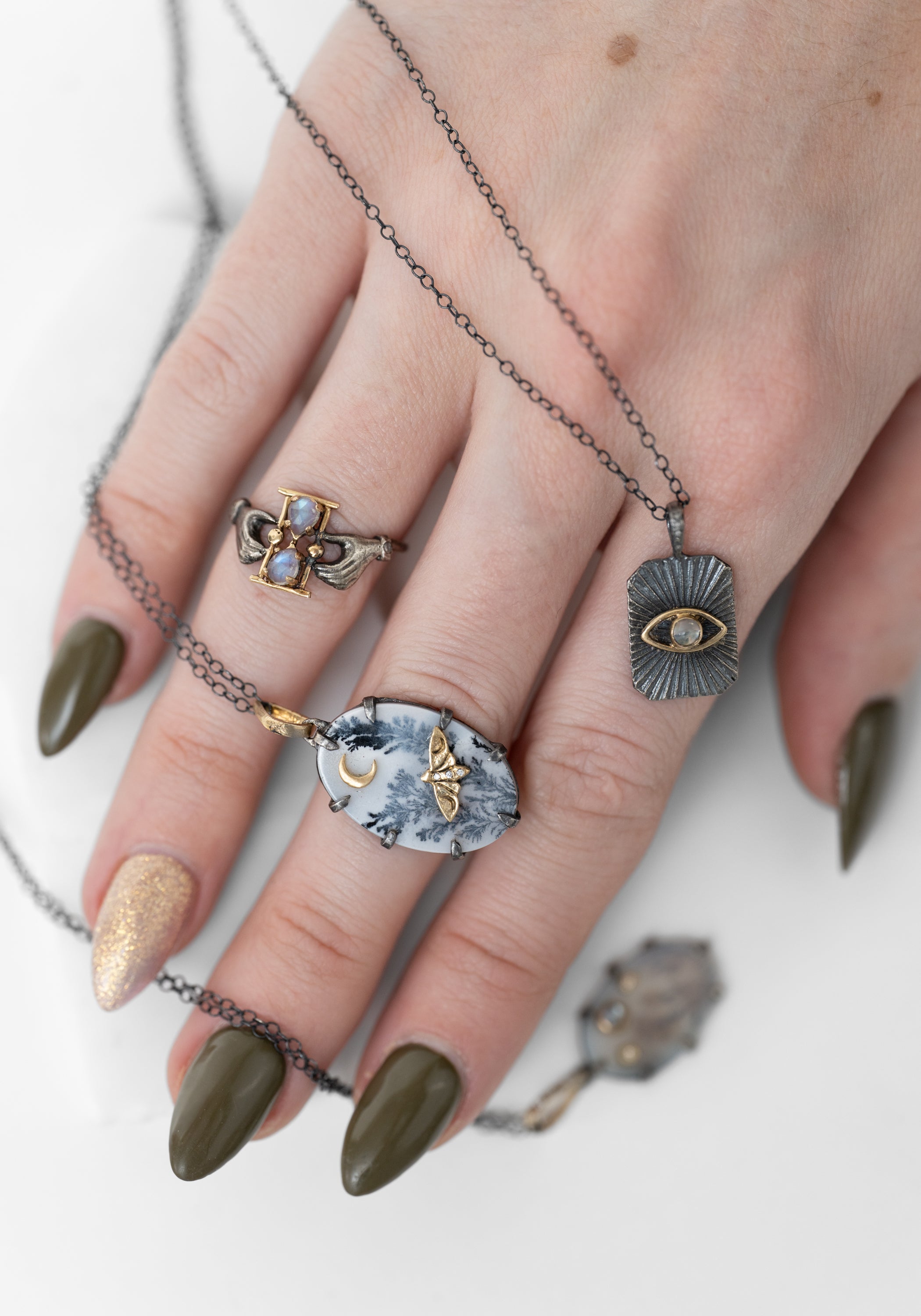 14k Gold, Oxidized Sterling, Diamond and Moonstone Holding Time Ring - December Thieves