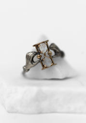 14k Gold, Oxidized Sterling, Diamond and Moonstone Holding Time Ring