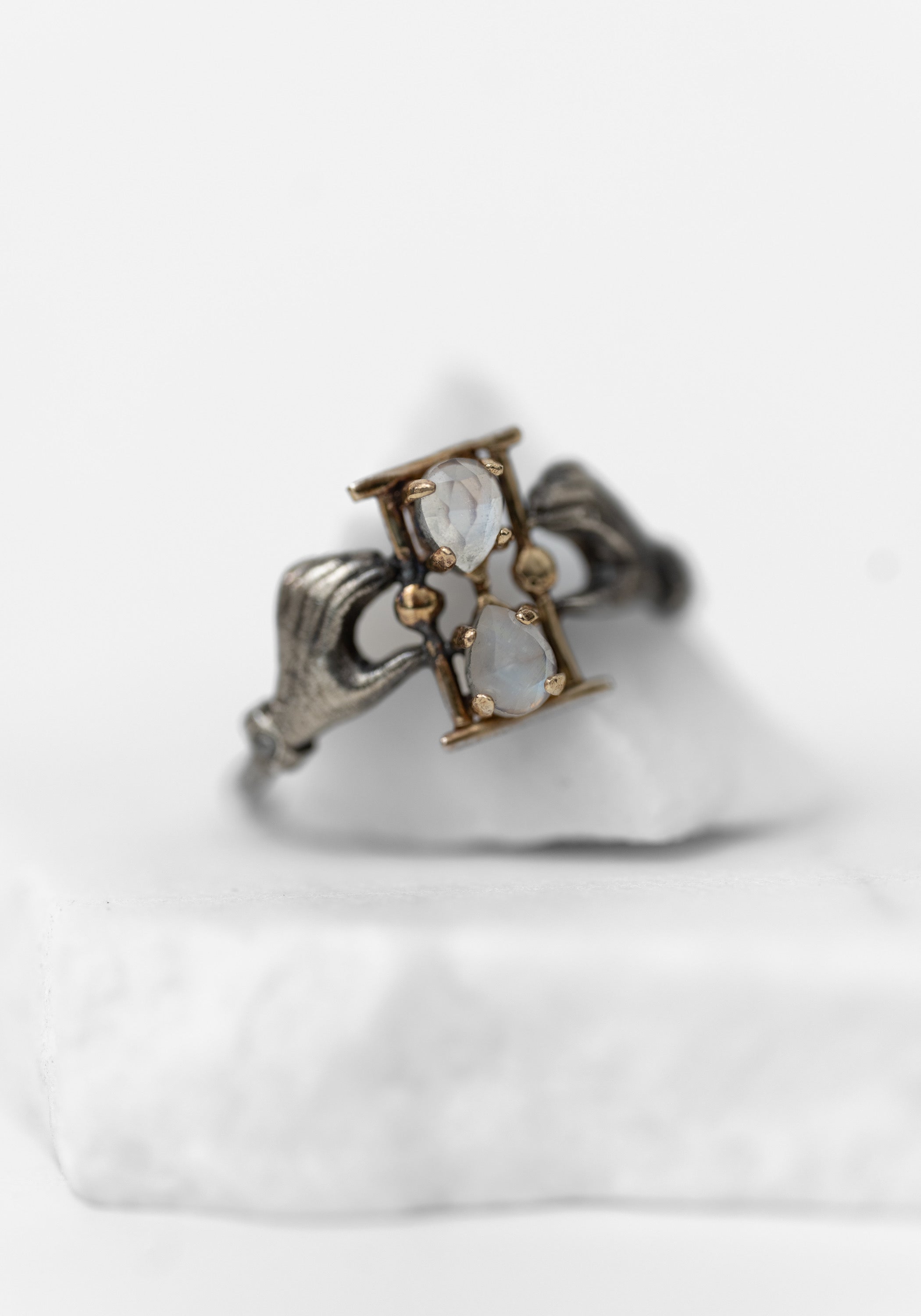 14k Gold, Oxidized Sterling, Diamond and Moonstone Holding Time Ring
