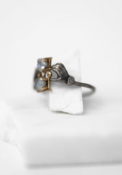 14k Gold, Oxidized Sterling, Diamond and Moonstone Holding Time Ring