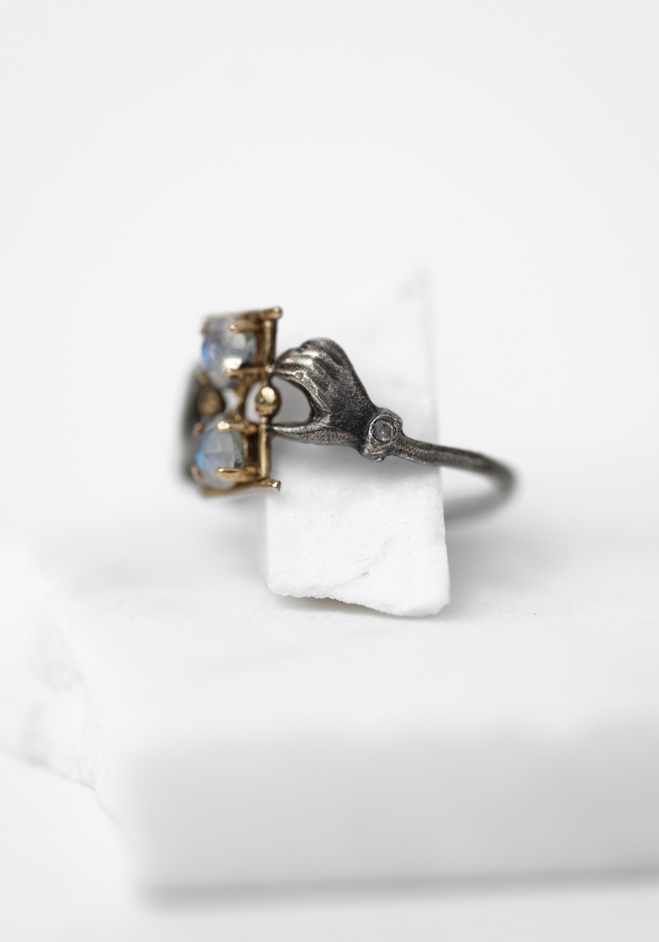 14k Gold, Oxidized Sterling, Diamond and Moonstone Holding Time Ring