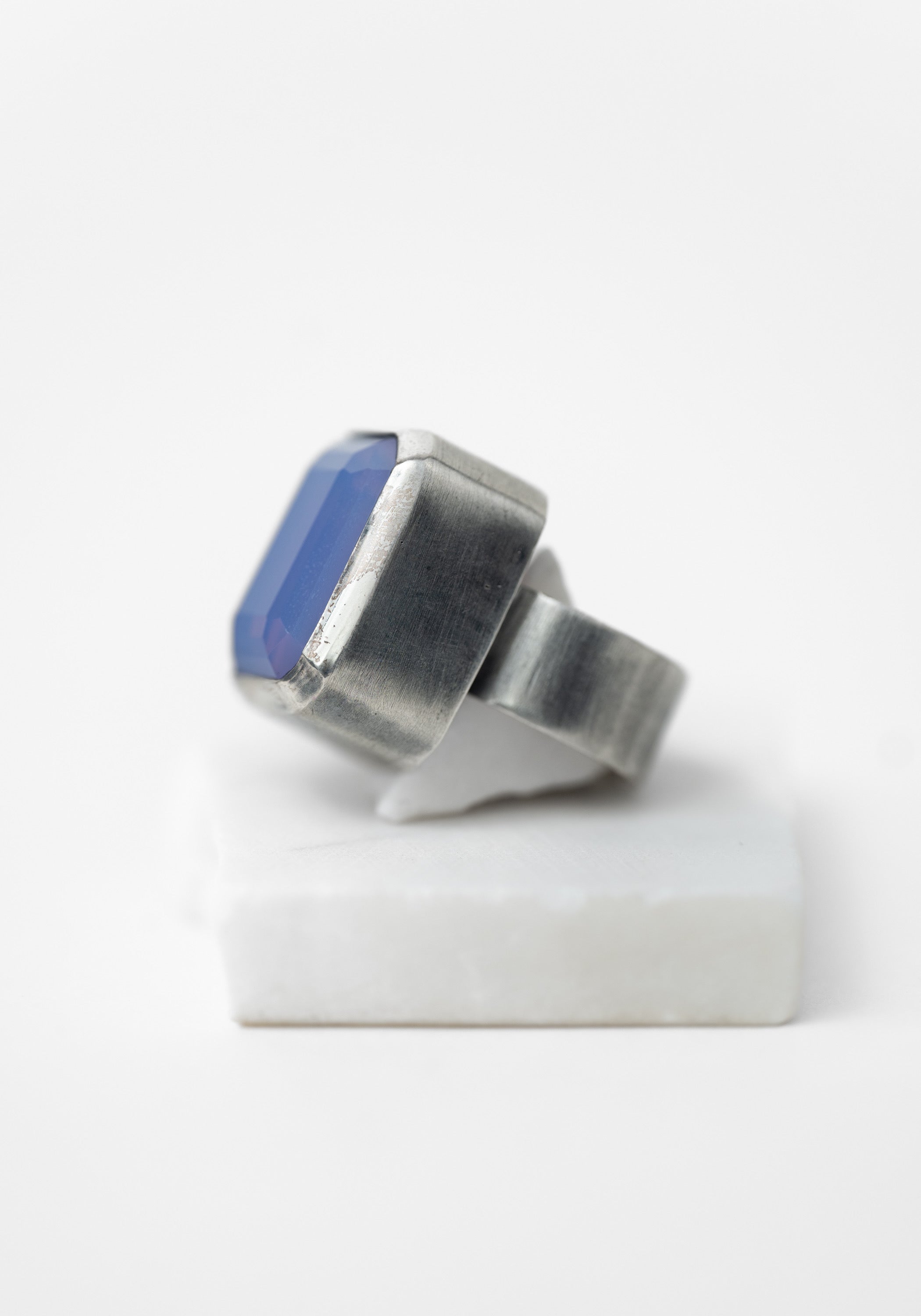 Sterling and Carved Periwinkle Glass Mini Goliath Ring - December Thieves
