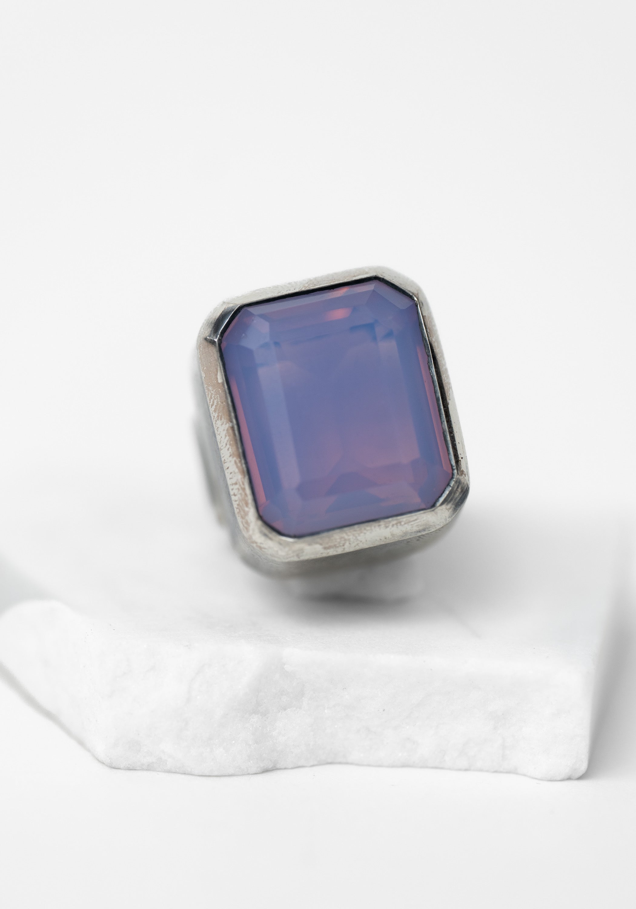 Sterling and Carved Periwinkle Glass Mini Goliath Ring - December Thieves