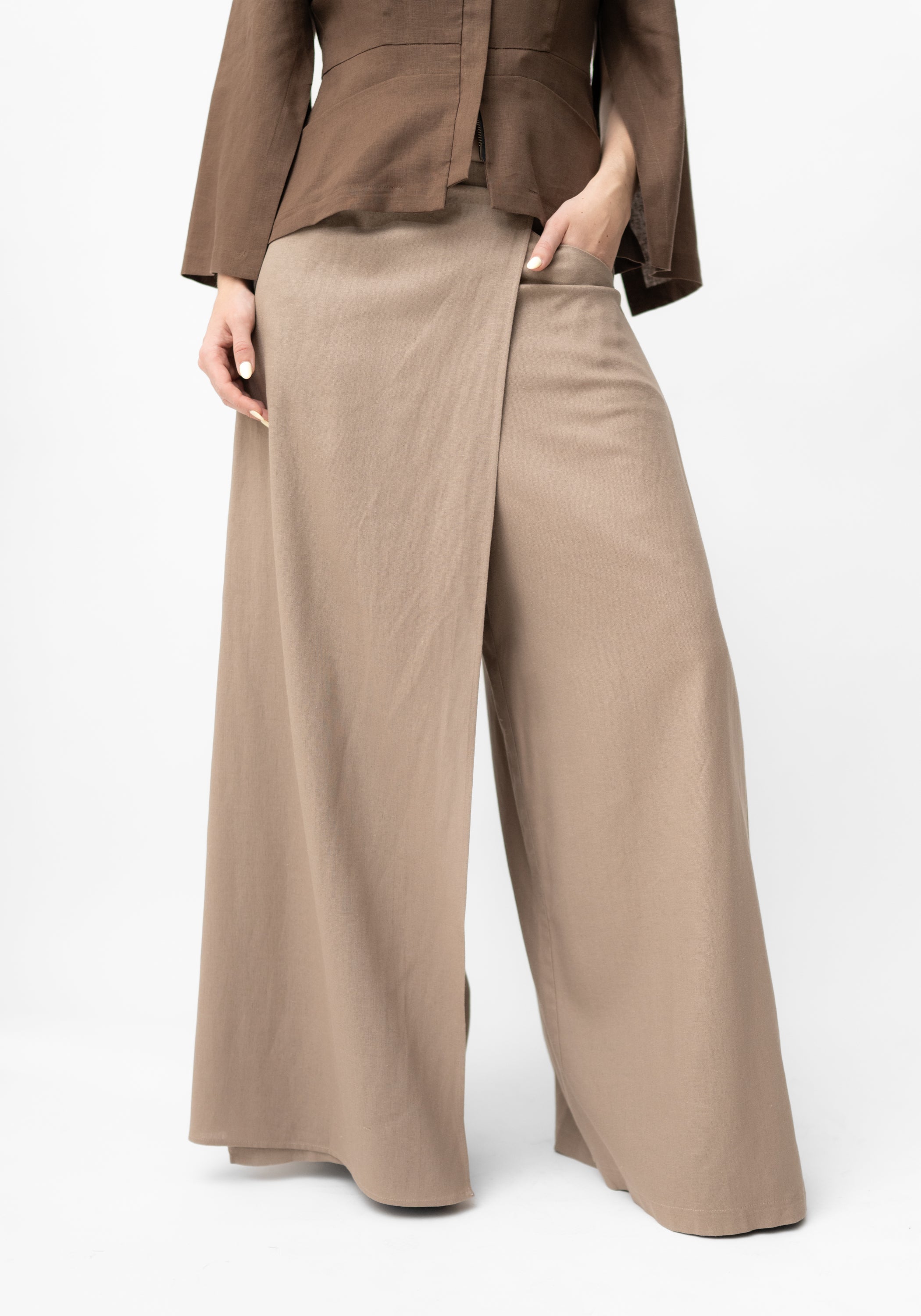 Empire Mocha Linen Draped Front Pants