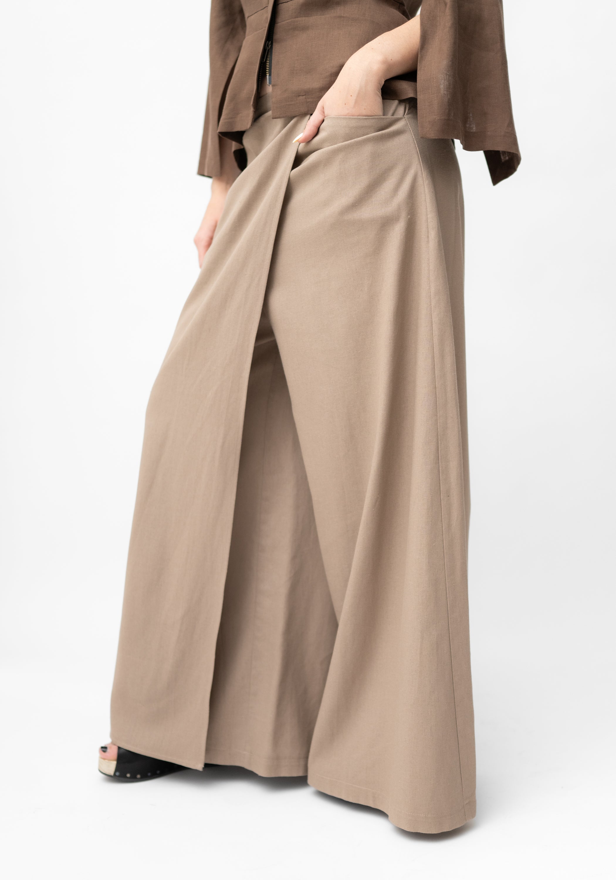 Empire Mocha Linen Draped Front Pants