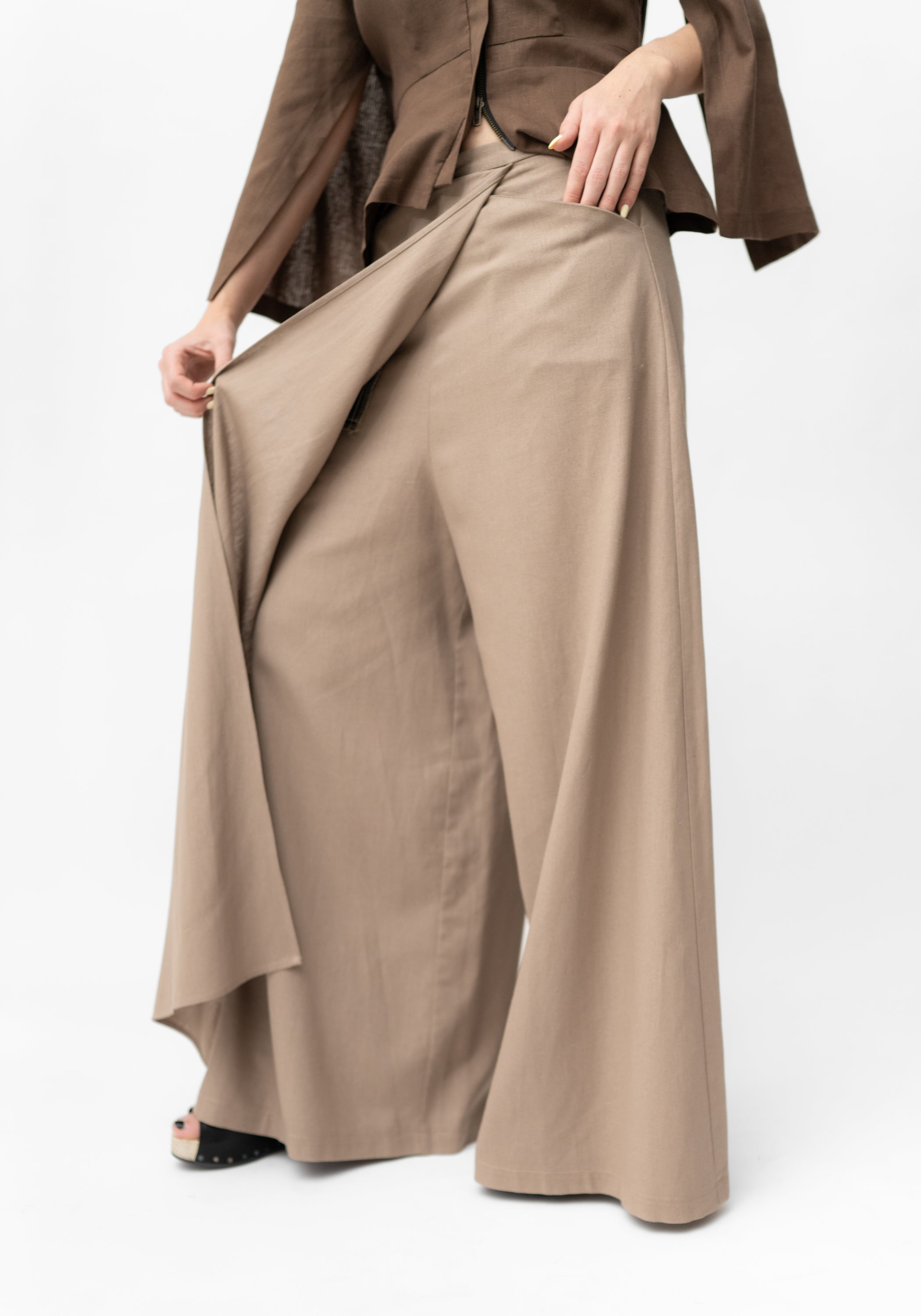 Empire Mocha Linen Draped Front Pants