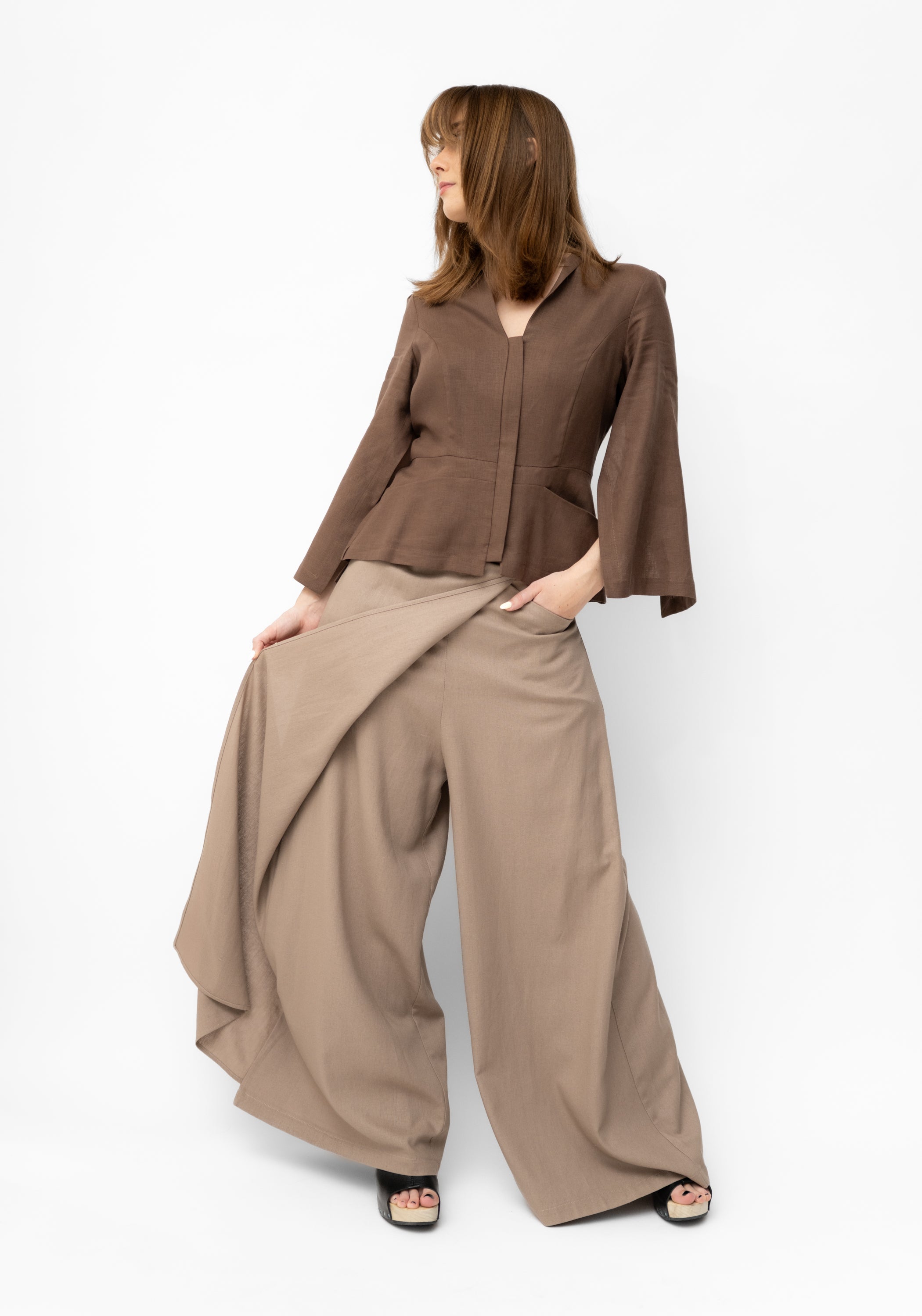 Empire Mocha Linen Draped Front Pants