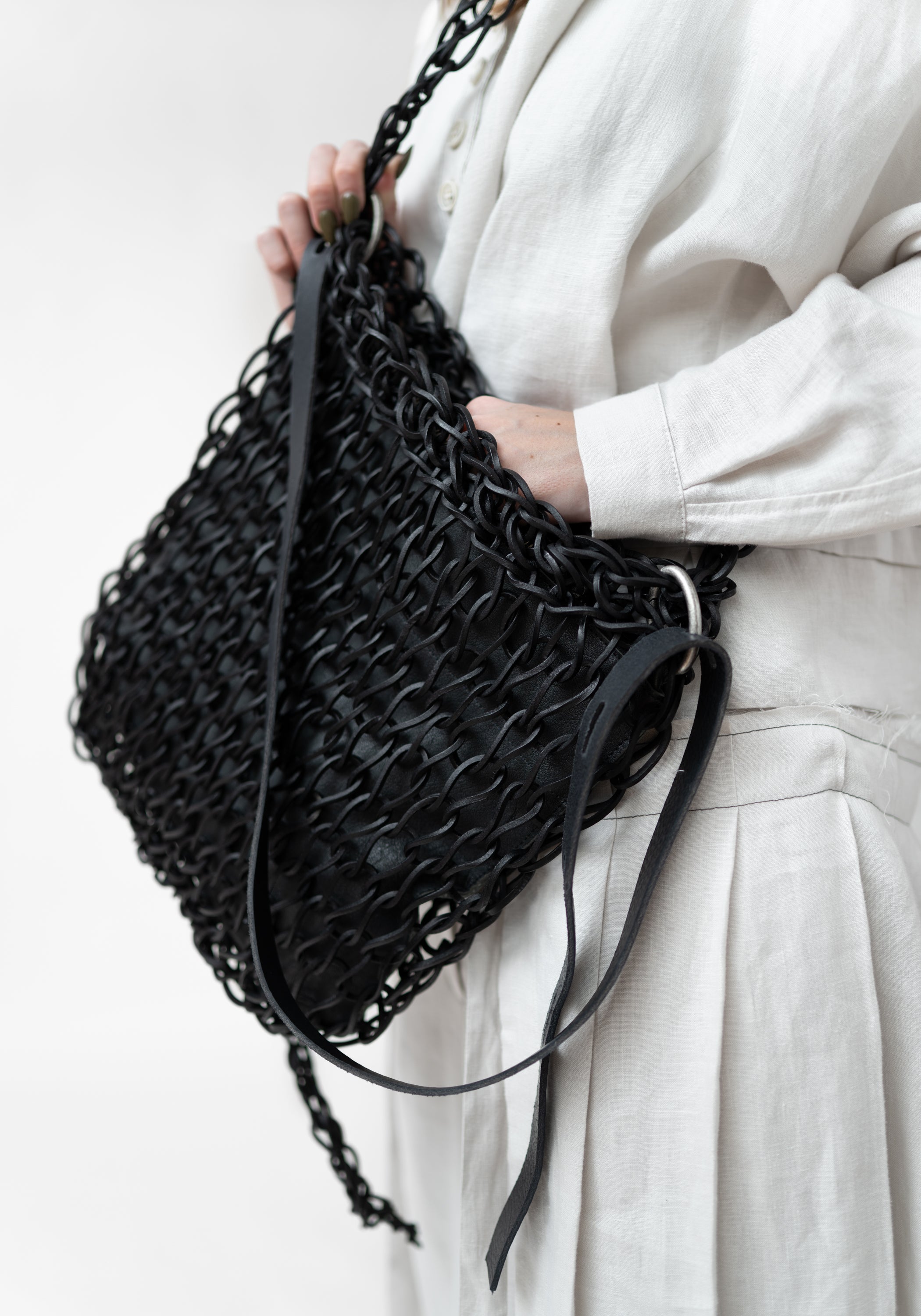 Knit Black Leather Bag