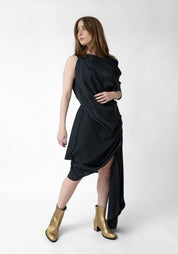 Asymmetric Draped Button Detail Wool Blend Mini Dress