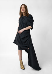 Asymmetric Draped Button Detail Wool Blend Mini Dress