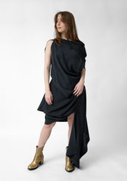 Asymmetric Draped Button Detail Wool Blend Mini Dress