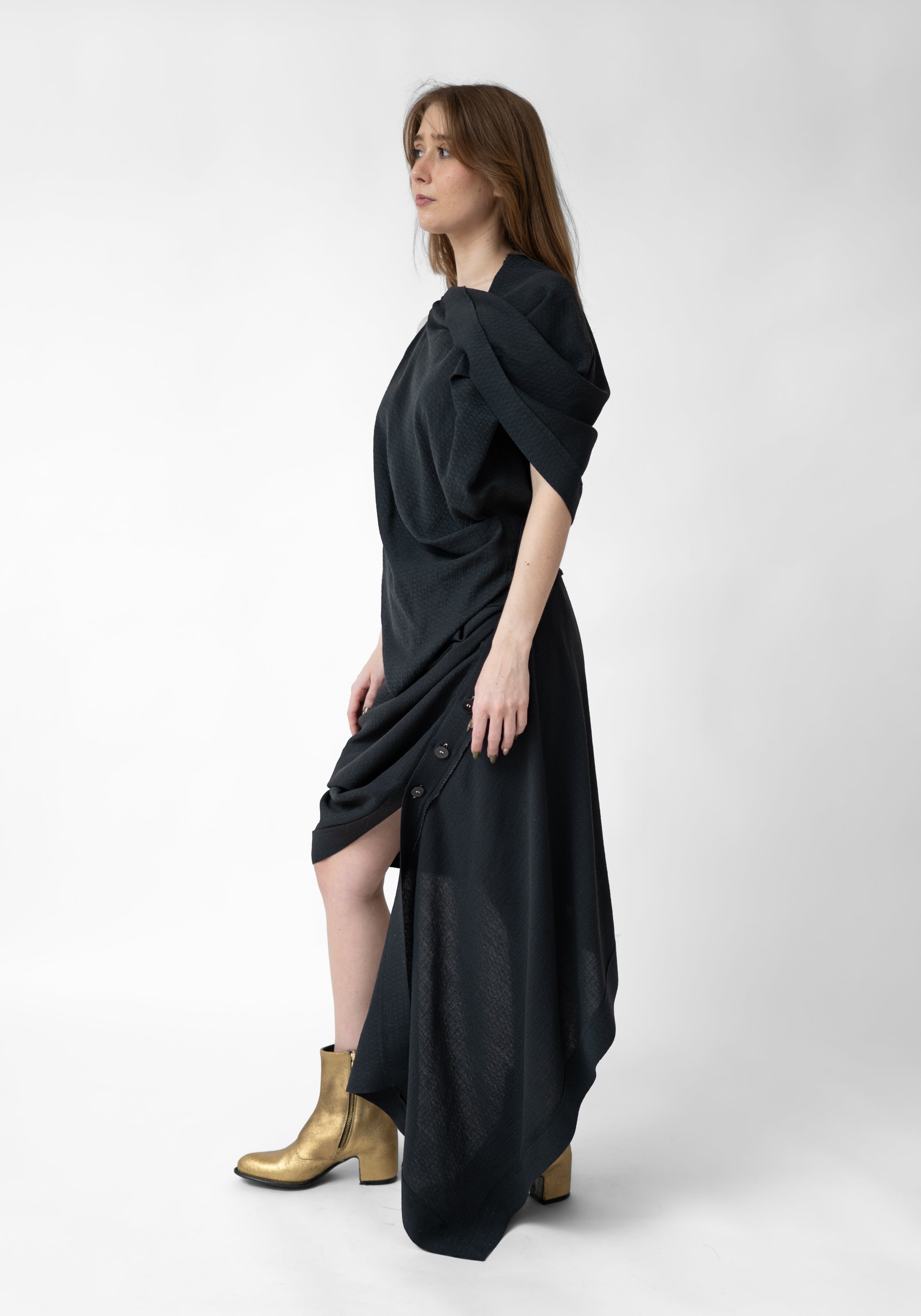 Asymmetric Draped Button Detail Wool Blend Mini Dress