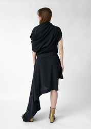 Asymmetric Draped Button Detail Wool Blend Mini Dress