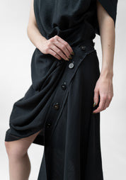 Asymmetric Draped Button Detail Wool Blend Mini Dress