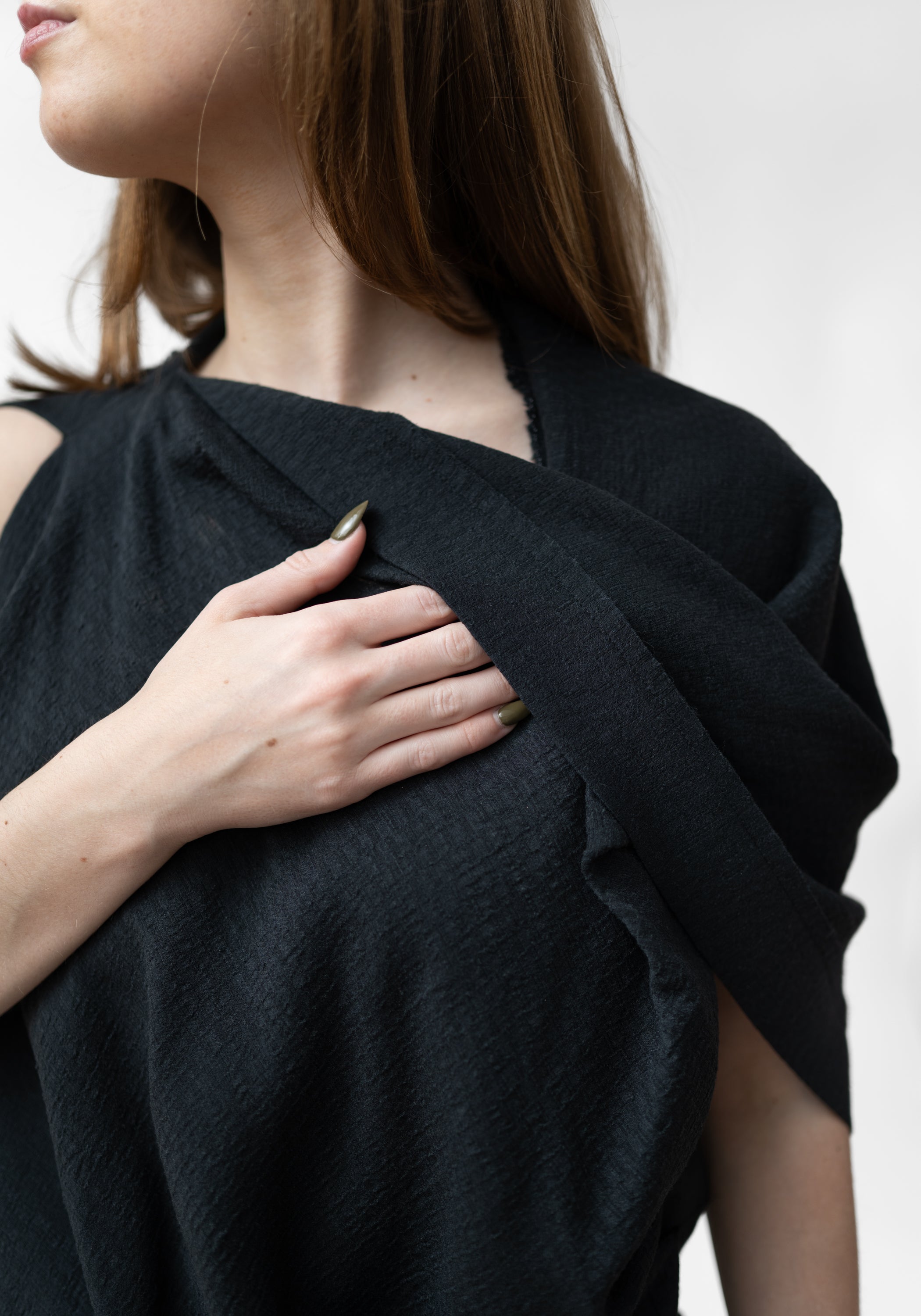 Asymmetric Draped Button Detail Wool Blend Mini Dress