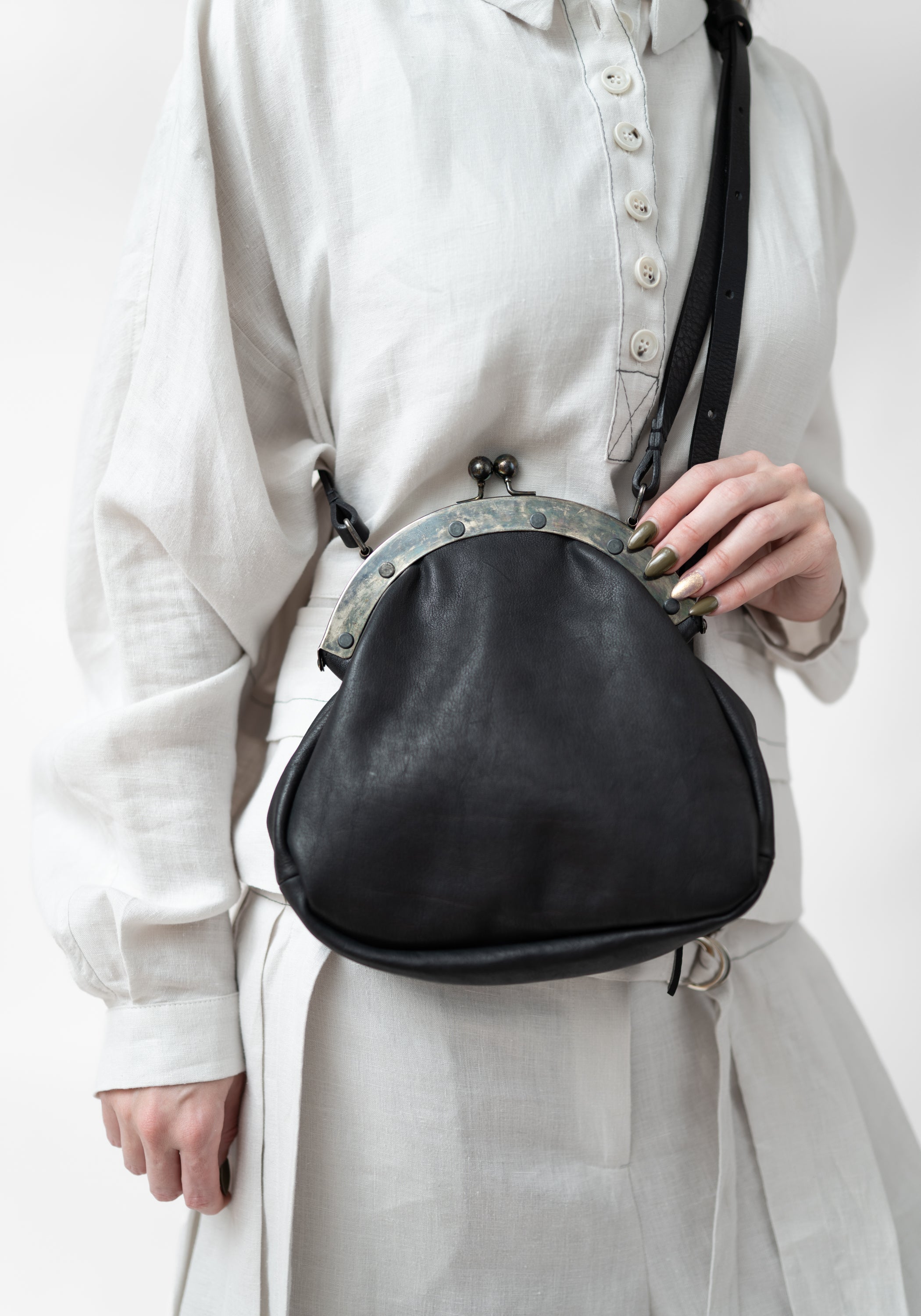 Large Pear Distressed Black Leather Bag